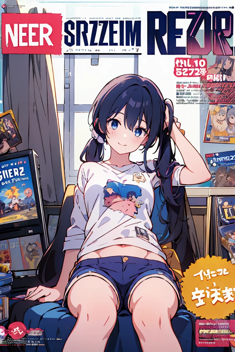 (Masterpiece), ( best quality ),   Details,  Otaku Girl  , difficult,  Twin Tails, long wavy hair  Twin Tails.hair between eyes, Dark Blue Eyes  ,smile, Masterpiece,  best quality , up to date,( taut chest:1.2), (Pointed Chest:1.2),(from below:1.2, best quality ), girl  ,  dark platinum colored hair  、Otaku uniform :1.2,  purplish blue eyes that the dreamer wants , ((Otaku Girls)), dark,  messy hair, Hair above the eyes, blush,Armpit hair, (  half sleeve t-shirt  ), shorts,  sitting in a gaming chair , Otaku Room,Play PC Games  :1,3, medium breasts,  skinny, open your mouth, ( nerd game magazine cover :1.6),(with sparkling eyes and a contagious smile),Her Thin Pubic Hair :1.2,  stare at viewers
