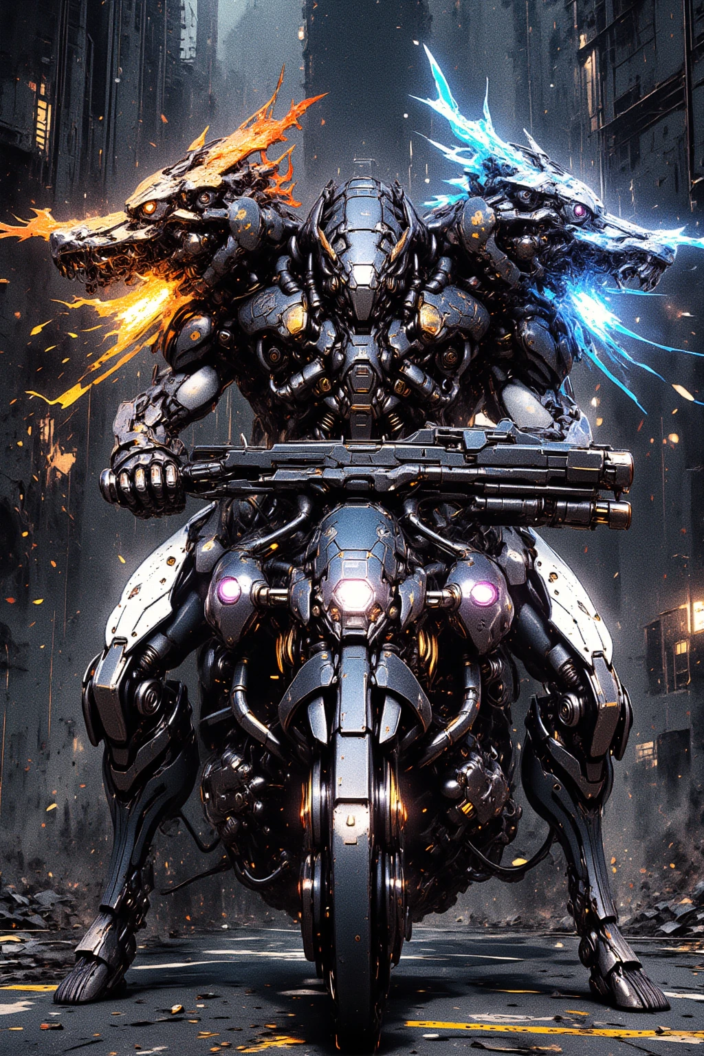 Cybernetic Humanoid with twin dragon-like heads, one head fire, one head ice, sitting on a motorcycle grasping a heavy machine gun