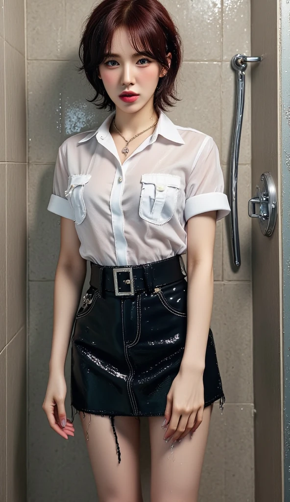 a 20 year old woman taking a shower, whole body and wet clothes , standing facing forward, whole body visible, finger biting poses are very tempting,  thick dark red lips , use a short sleeve short sleeve formal shirt in white,  bottom formal skirt length black, sweating a lot, very detailed image quality ,  using a cross necklace ,