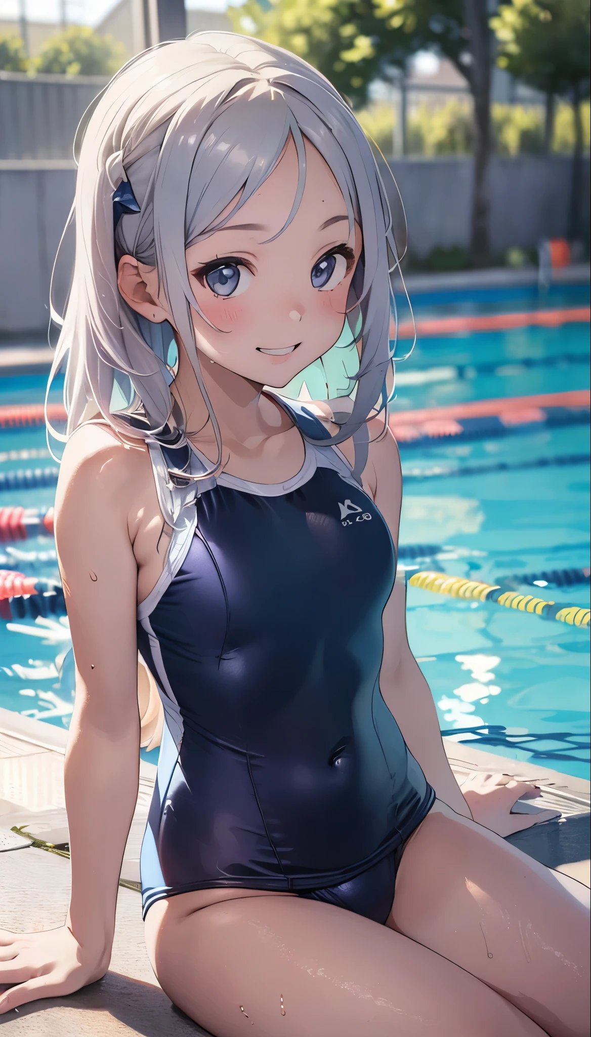 High quality、highest quality、complete limbs、Ultra high definition、Sparkling eyes、full finger、slender beauty、、knee high、Wearing a school swimsuit、shiny skin