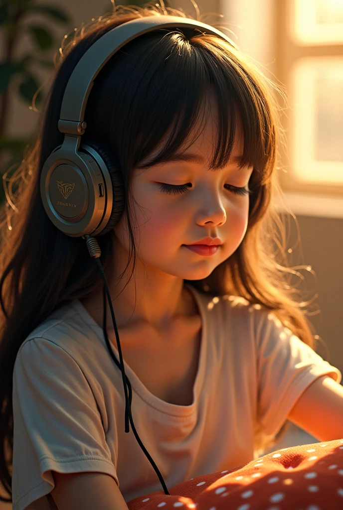 GIRL child 12 years , RUSSO cabelos ESCUROS compridos e fones de ouvido , portrait , JAQUETA COURO PRATA, VINIS E CDS fundo vermelho.