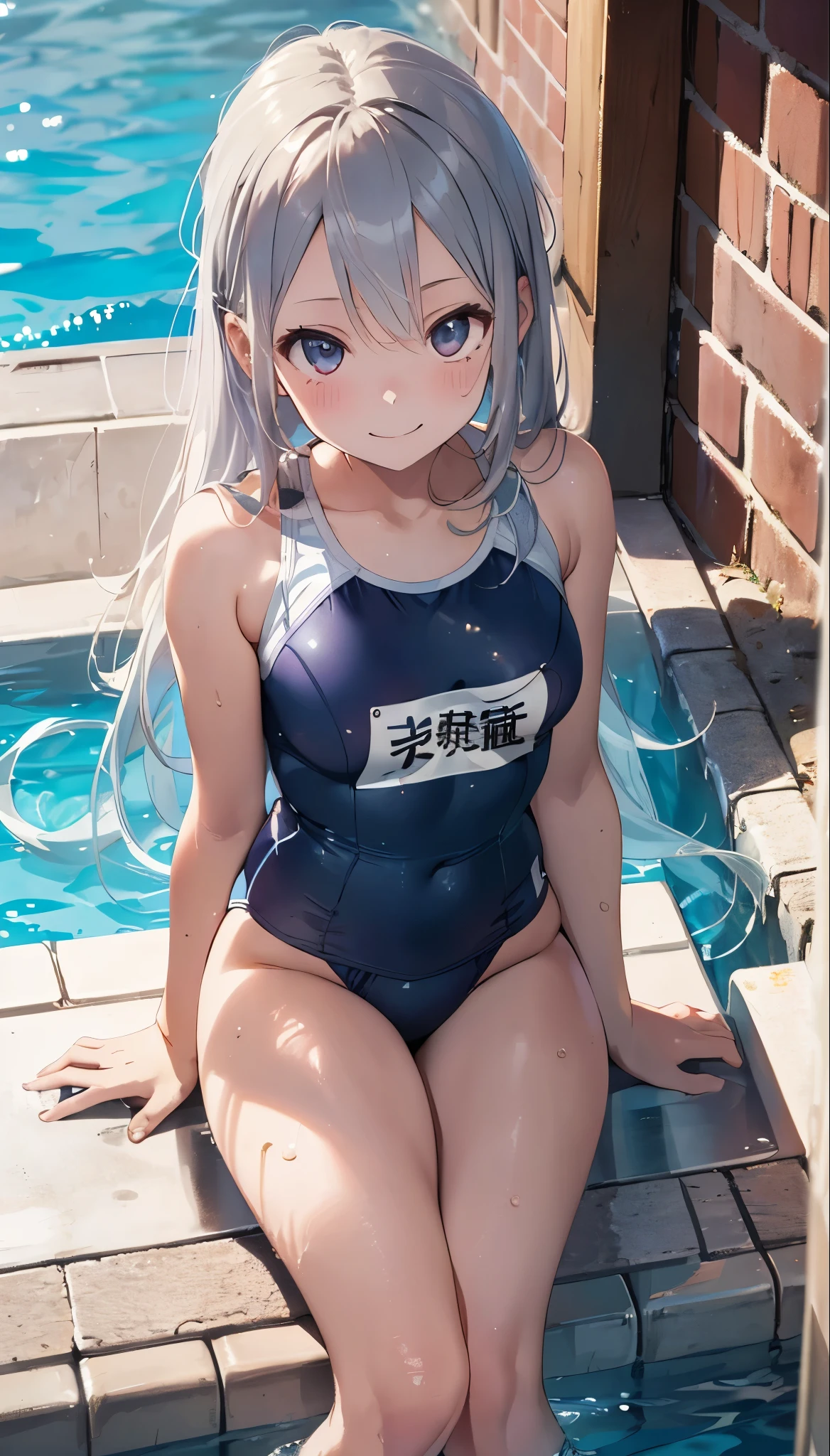 White school swimsuit,Leaning forward,Pool,blush