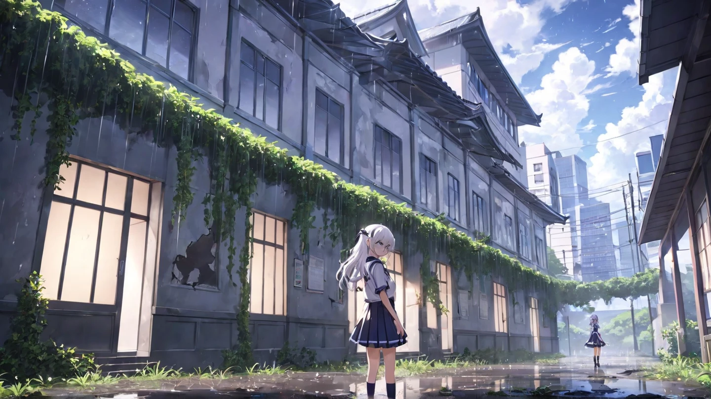 solo, 1girl, anime, anime keyvisual, kiana (honkai impact 3rd) white hair, hairband, school uniform, look at viewer,  serious, ruined japanese school, building vines, rain puddles, light sparkle, cinematic angle, (very aesthetic), ((masterpiece)), best quality​