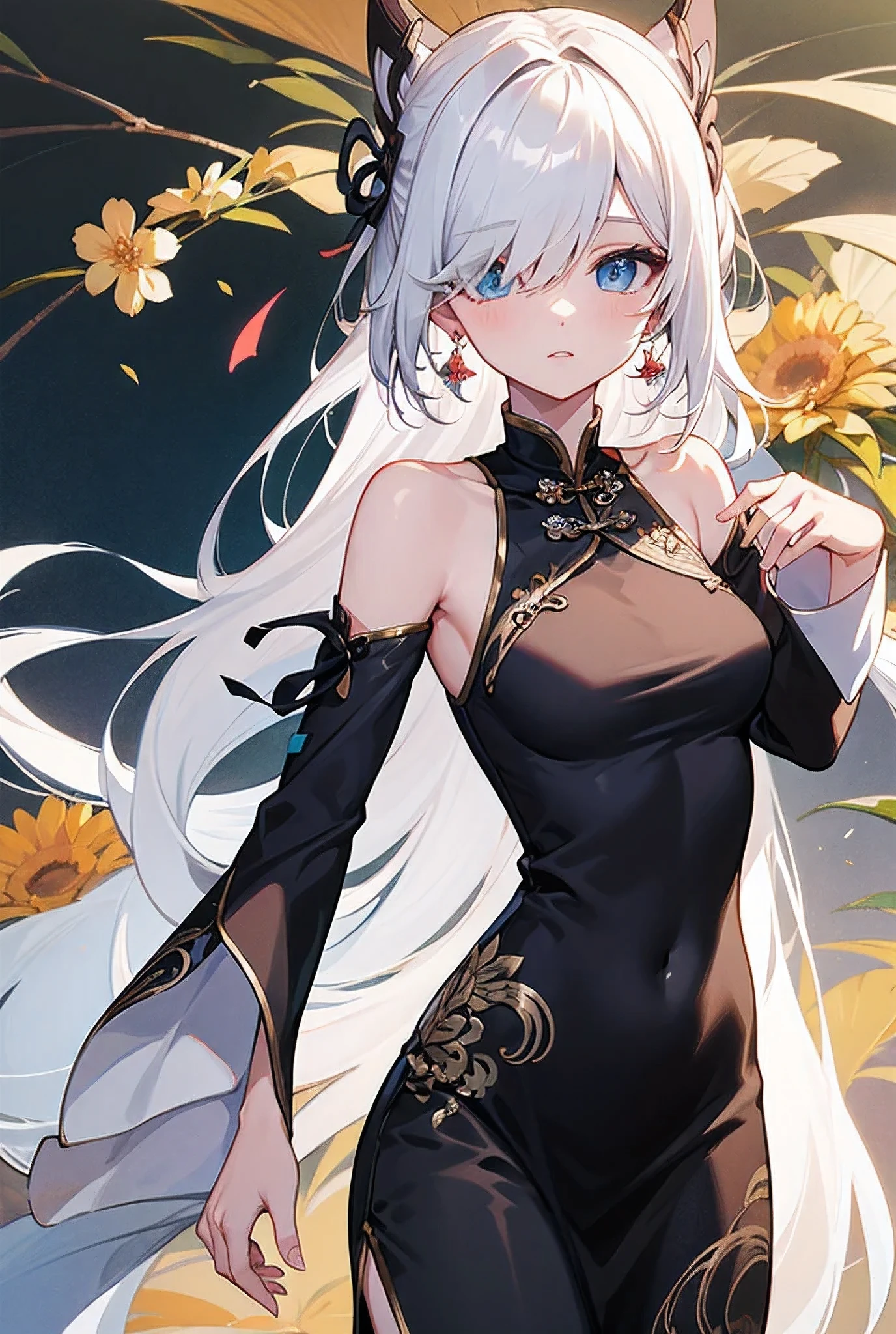 hair accessories,Bangs, blue eyes,Bare shoulders, full chest ,Long hair on one eye,loose sleeves,dress,black dress,ear, white hair ,Chinese clothing,jewelry,earrings,flower,  1girl ,
,  (masterpiece, Best Quality :1.2)