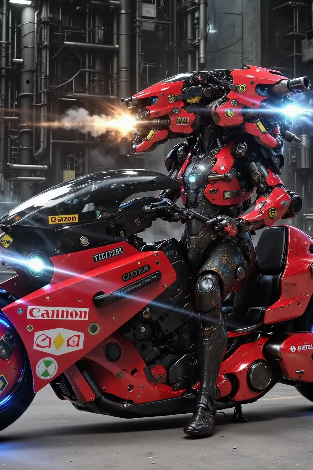 Cybernetic Humanoid with twin dragon-like heads, one head fire, one head ice, sitting on a motorcycle grasping a heavy machine gun