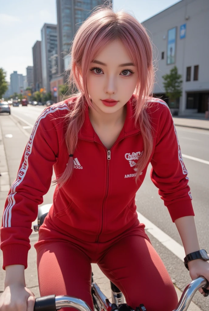 Wearing a red Adidas jersey
