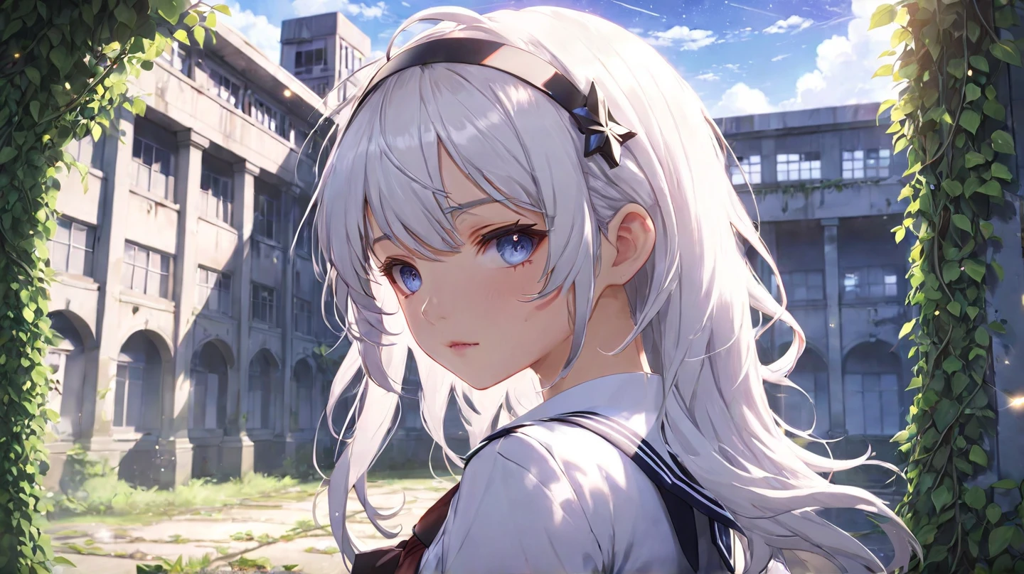 solo, 1girl, anime, anime keyvisual, kiana (honkai impact 3rd) white hair, hairband, school uniform, look at viewer,  closeup, serious, abandoned school, building vines, light sparkle, cinematic angle, (very aesthetic), ((masterpiece)), best quality​