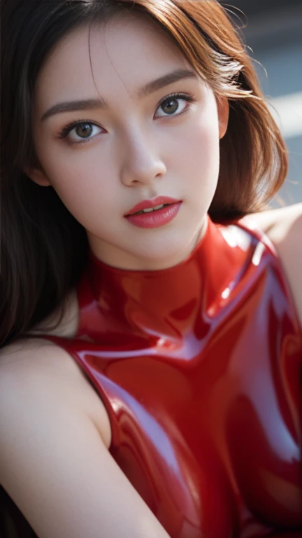 Beautiful body, Beautiful face, big breasts,  long hair, Red shiny latex catsuit,BDSM style clothing.naked.