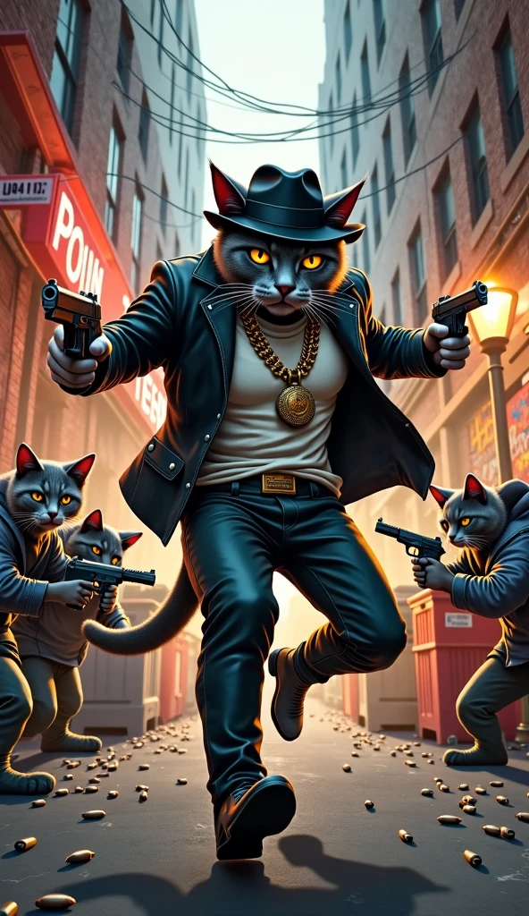 **Scene 4: Felix Yanking the Chain**
- *Prompt*: Felix the black cat with human figure catches a swinging chain mid-air with his powerful, paw-like hand. The wiry thug who swung the chain is pulled off balance, his body jerking towards Felix. Felix’s muscles are tense, showcasing his strength. The background shows the dark alley, with the second thug losing his footing.