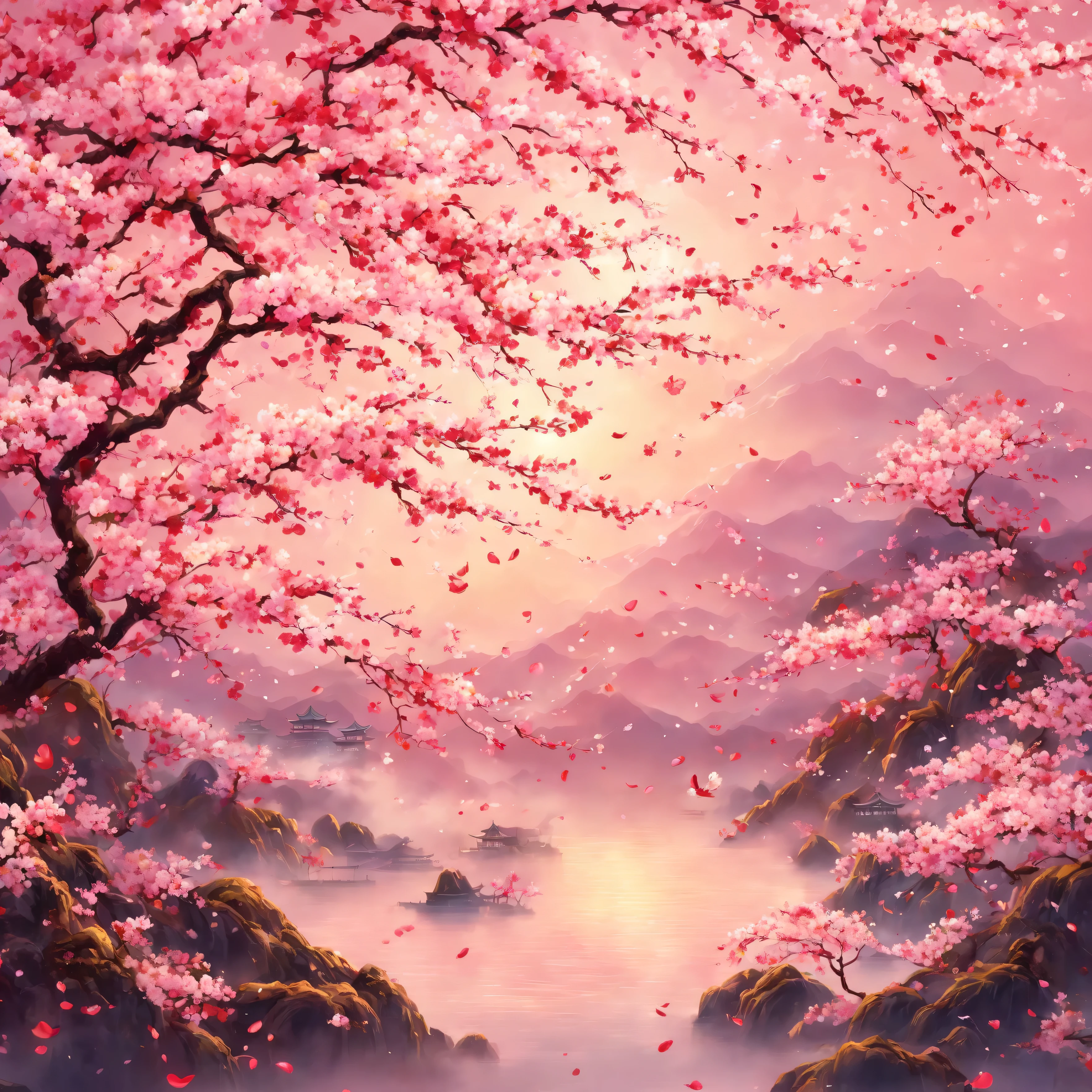 Cherry blossoms blooming in the shape of a heart, petals gently falling, elegant and romantic Japanese art style, soft pink and red tones, glowing background, gold leaf accents, delicate brushwork, harmonious and balanced composition, subtle waves in the background, Japanese aesthetics, 8K resolution, intricate details, photorealistic texture, romantic atmosphere.
