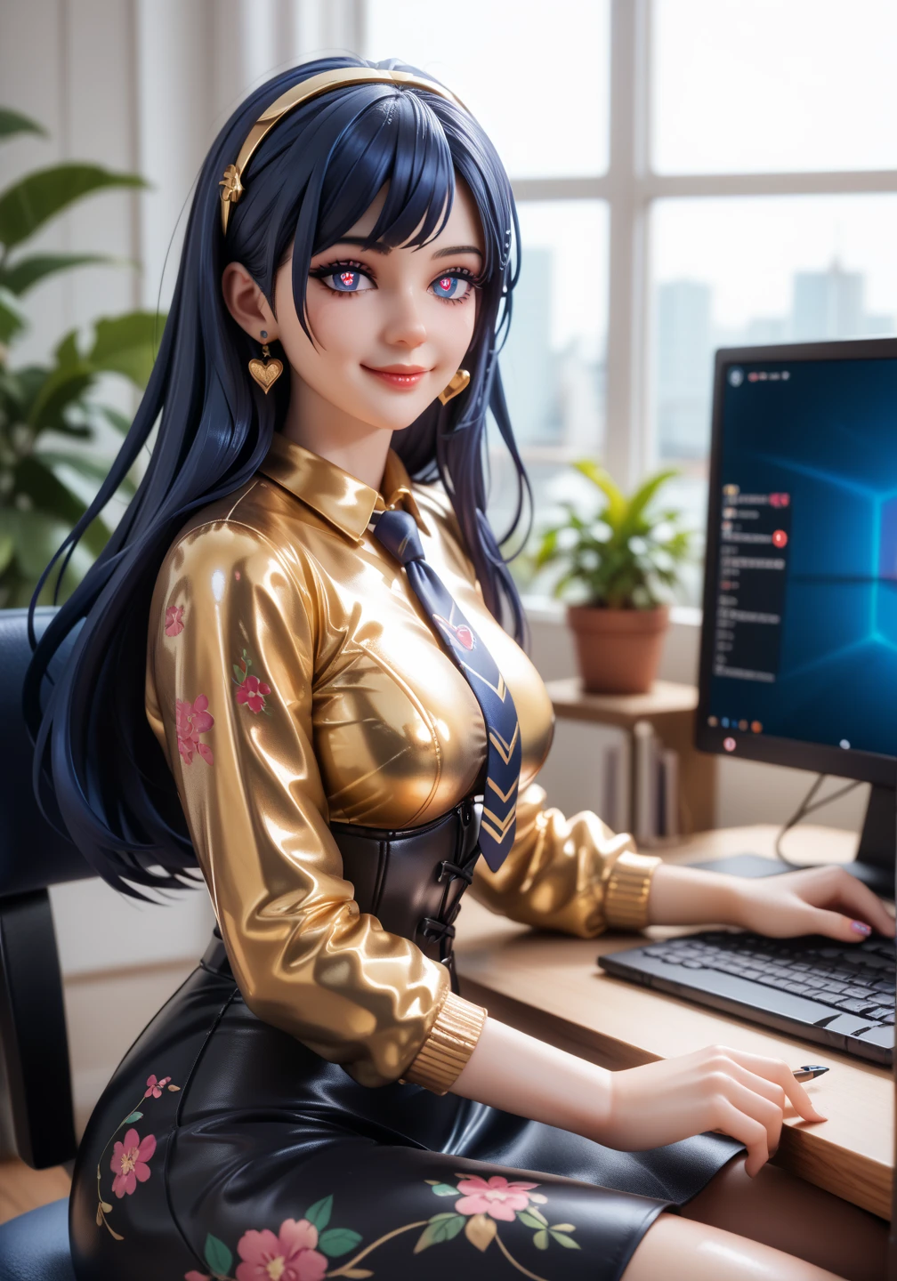  1 girl,  in extremely tight shiny dunkelgolden latex polo shirt, Dark blue hair,  long hair, Breasts, heart-shaped pupils, Lens reflection,  reflecting light ,  high resolution ,  masterpiece, Is sitting at the computer in the apartment, medium long skirt , corset, Floral pattern,  very strong shiny skin ,  very strong makeup, Necktie,  Close Up ,  seductive smile,  before bending,  Speichel,Speichelfluss,Speichelspur, Nahaufnahme, Zunge raus, 