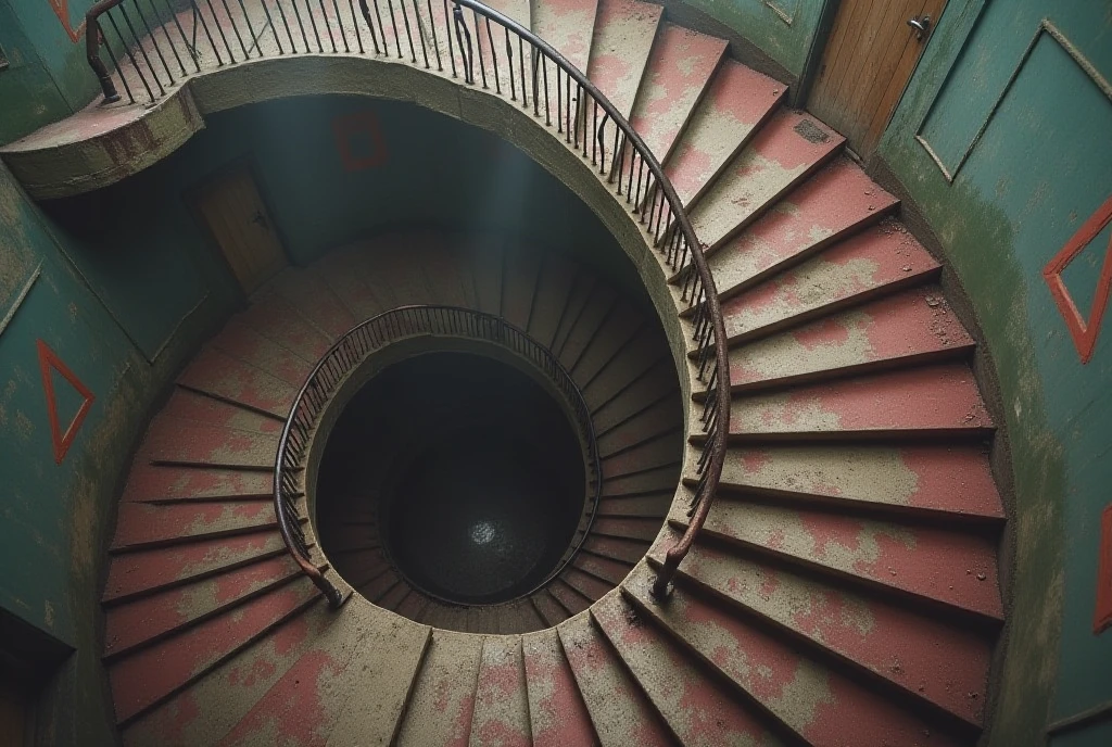 A mysterious and eerie scene captured with an old film camera, viewed from above. A dusty, endless staircase painted in faded pink spirals downward into a dark, abandoned underground structure. The walls are painted in faded green and blue, creating an unsettling contrast. The alternating left-and-right concrete steps seem to vanish into the void. The air is thick with dust, creating a hazy, blurry effect in the image, enhancing the desolate and infinite descent., On the walls are symbols of triangles, squares and circles, painted in red.