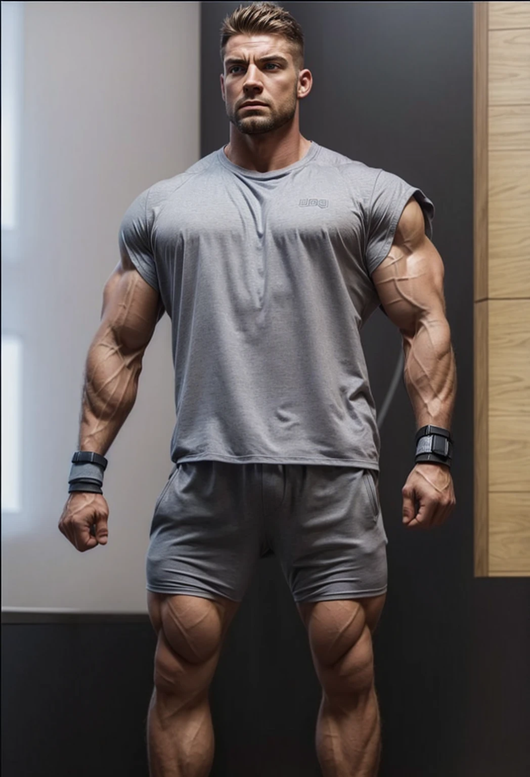 Masterpiece, denoise, void noise, one man, best quality, 8k resolution, male focus, focus only, amazing composition, volumetric lighting, super quality, elegant, Very detailed, front view, facing viewer, -----------, 35 years old, mature face, muscular, Caucasian, (((white skin))), (((pale skin))), handsome, (detailed light-blue eyes), ((black hair)), ((messy medium hairstyle)), big ears, (dark black hairy pectorals, black thick plenty chest and body hair), (medium long thick beard), (((((Jim Sturgess mixed with Russell Tovey))))), (((big pink nipples, perky nipples))), ------------, ((((wearing slightly down black shorts)))), ((((Tank top lifted up, pulling it up showing abs))))
