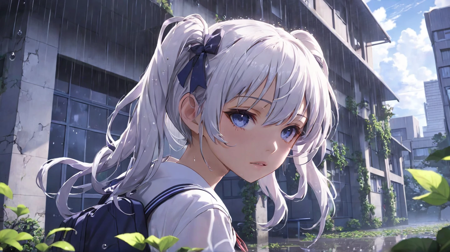 solo, 1girl, anime, anime keyvisual, kiana (honkai impact 3rd) white pigtail hair, hairband, school uniform, look at viewer,  serious, ruined japanese school, building vines, rain puddles, light sparkle, cinematic angle, (very aesthetic), ((masterpiece)), best quality​