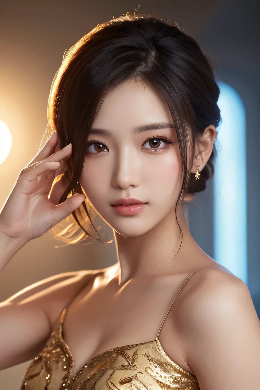 Kimono beauty, body portrait, 8k, thin and beautiful eyes, Dindal effect, masterpiece, top quality, high quality, high resolution, very detailed photo, (natural skin texture, fine skin, hyper realism, super sharpness) , high detail skin, (very fine, fine skin texture, intricate details, beautiful face, (real-like face), realistic eyes, beautifully detailed eyes, realistic skin, beautiful skin, surreal, Highly detailed, golden ratio, smiling eyes, ((night moonlight background)), body portrait, G cup, big breasts, huge breasts, big breasts, glamorous, shiny bodysuit
