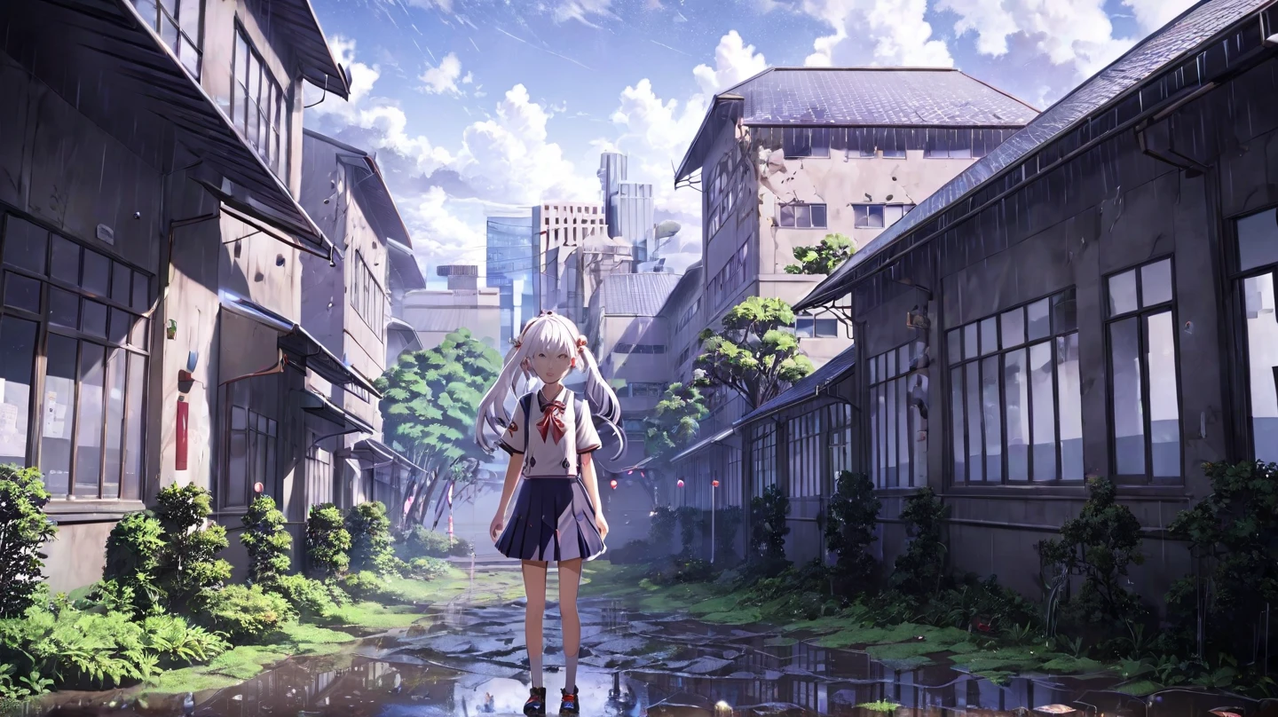 solo, 1girl, anime, anime keyvisual, kiana (honkai impact 3rd) white pigtail hair, hairband, school uniform, look at viewer,  serious, ruined japanese school, building vines, rain puddles, light sparkle, cinematic angle, (very aesthetic), ((masterpiece)), best quality​