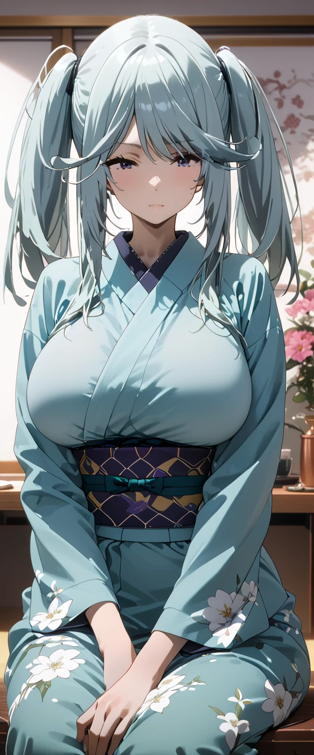 ('s greatest masterpiece、 best quality 、 detailed、4K)、 one woman、18 years old、((( epsilon)))、Turquoise Hair、 Twin Tails、( Super Big Breasts )、 kimono、sit