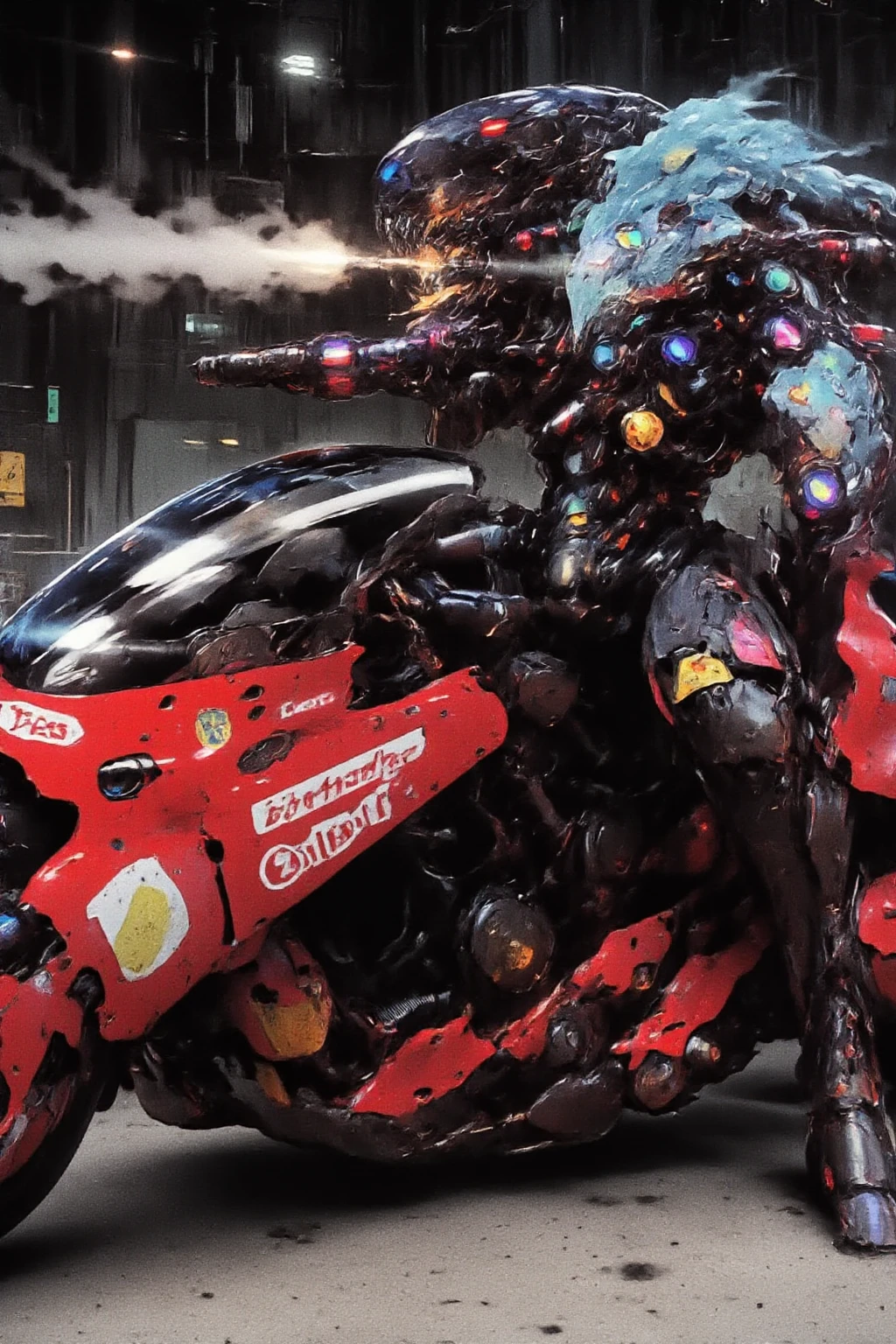 Cybernetic Humanoid with twin dragon-like heads, one head fire, one head ice, sitting on an armored motorcycle grasping a heavy machine gun, in a cyberpunk dystopian background