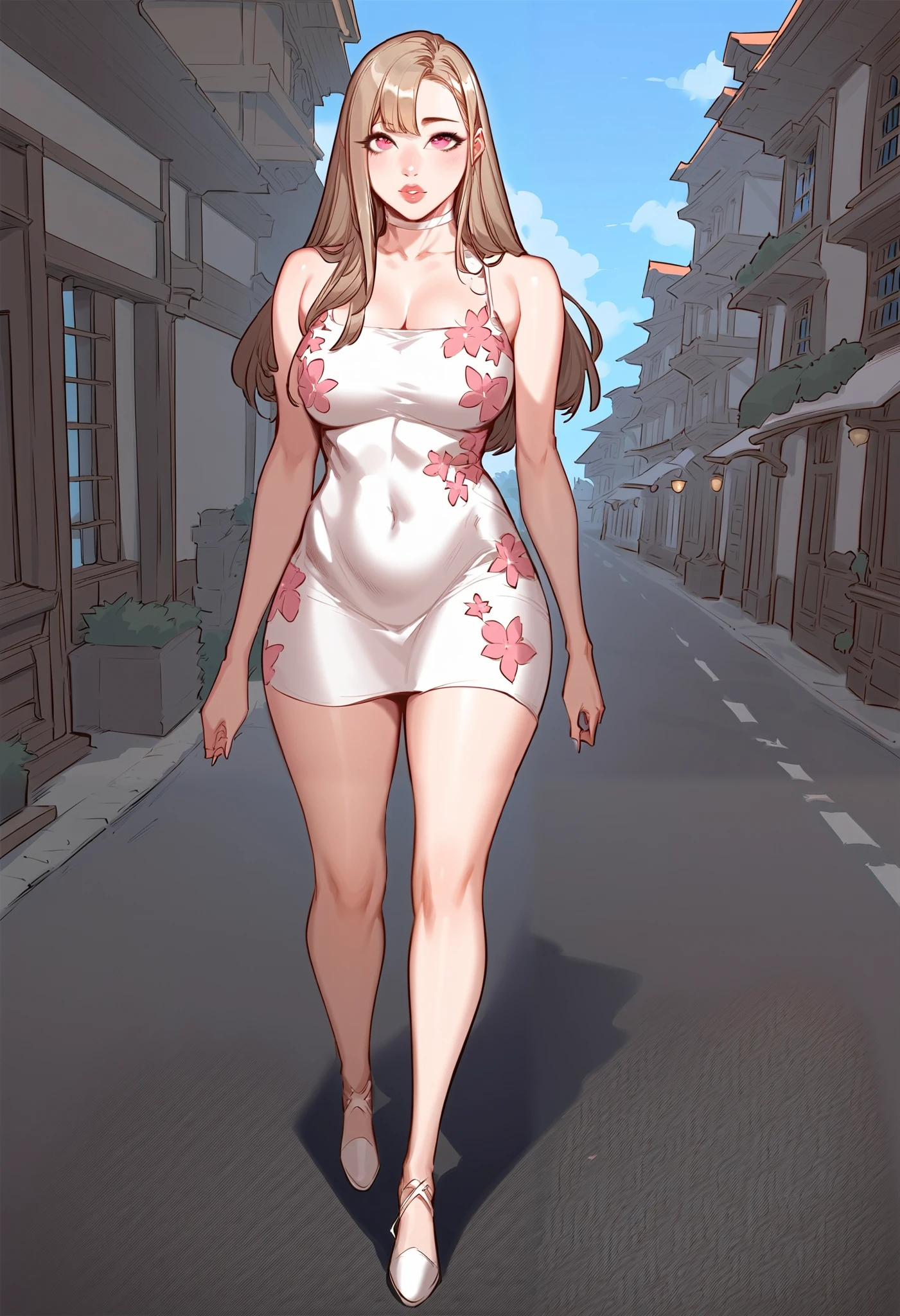 A sexy slim cute beautiful woman with blonde long hair bangs, big pink eyes, extremely fair white skin, and pink plump lips. She's wearing a cute yet revealing white-pink floral dress and a light brown hat, walking on a road, daytime, and show full body.