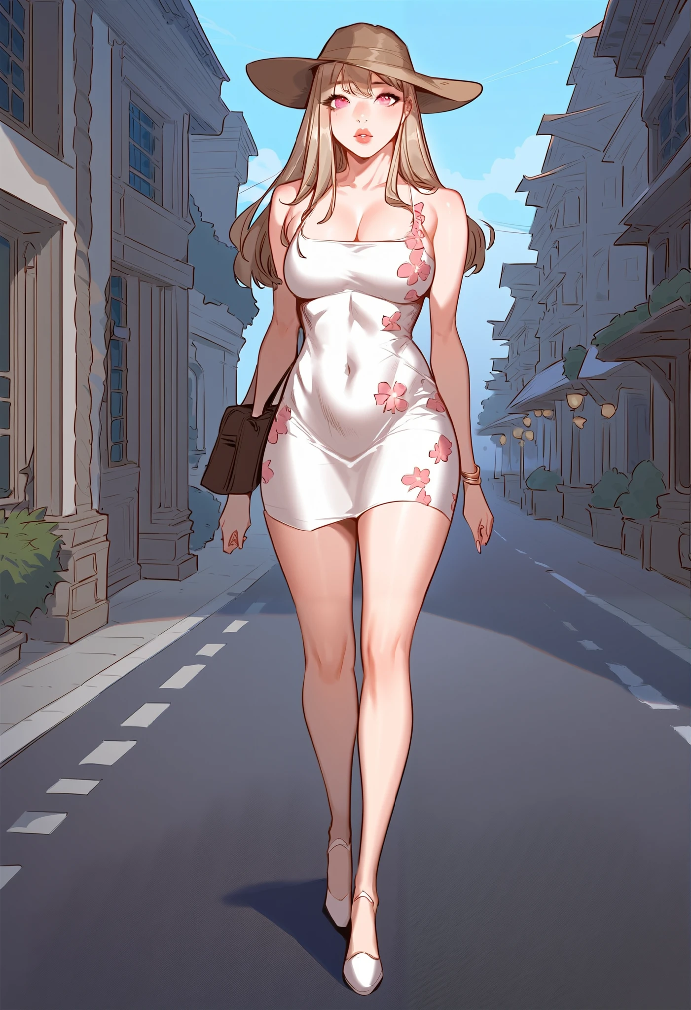 A sexy slim cute beautiful woman with blonde long hair bangs, big pink eyes, extremely fair white skin, and pink plump lips. She's wearing a cute yet revealing white-pink floral dress and a light brown hat, walking on a road, daytime, and show full body.