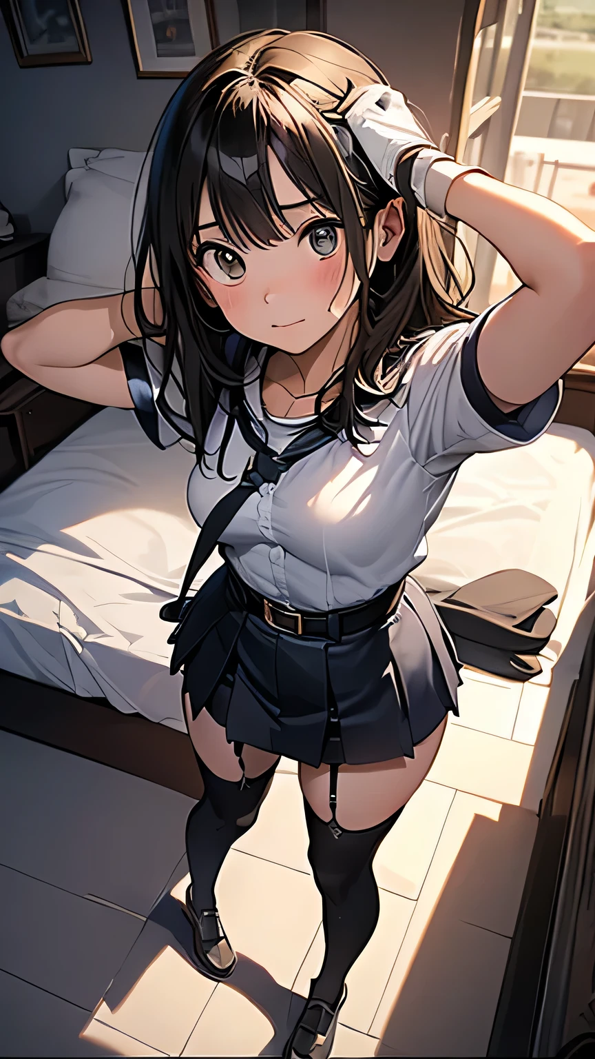 "(A true masterpiece with the best quality). In this NSFW image, a schoolgirl with a flat chest and small tits is lying down adorned in a ripped uniform, looking both shy yet eager to show off. Her cleavage and panties are teasingly visible through her ripped outfit."