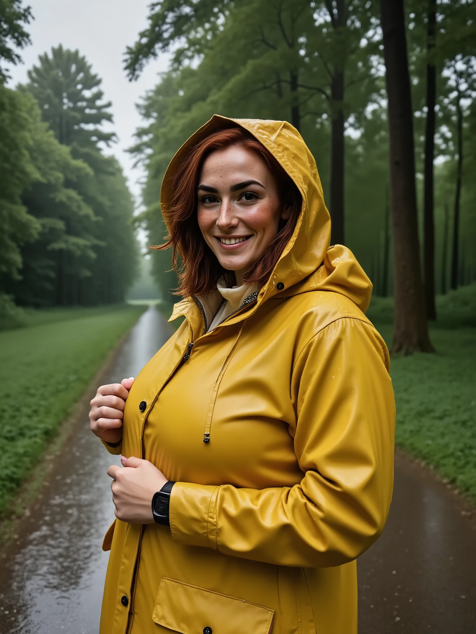 Photorealistic picture, cinematic style, a beautiful British woman. Happy smile, (dynamic posture). Pouring rain. She has Brown eyes, downturned eye shape, light skin and freckles, she has a voluptuous figure. She's is dressed in a yellow raincoat with a hood, hood on, walking along a path in the forest. Cloudy sky, rain falling, puddles of water on the street. Grey.perfect hand,HDR, intricate details