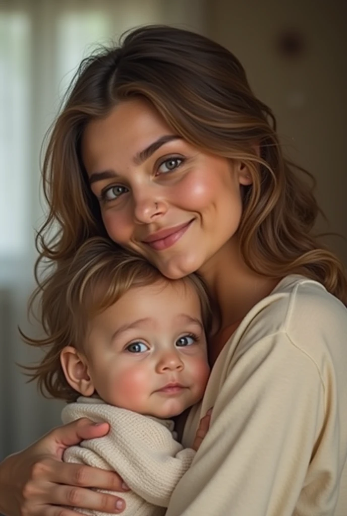 (masterpiece:1.3),(highly detailed:1.3),(highres:1.1),best quality ,Ultra-detail ,1 russian 39 years old sexy chubby mother with brown eye, standing on the bed with her adult son)  