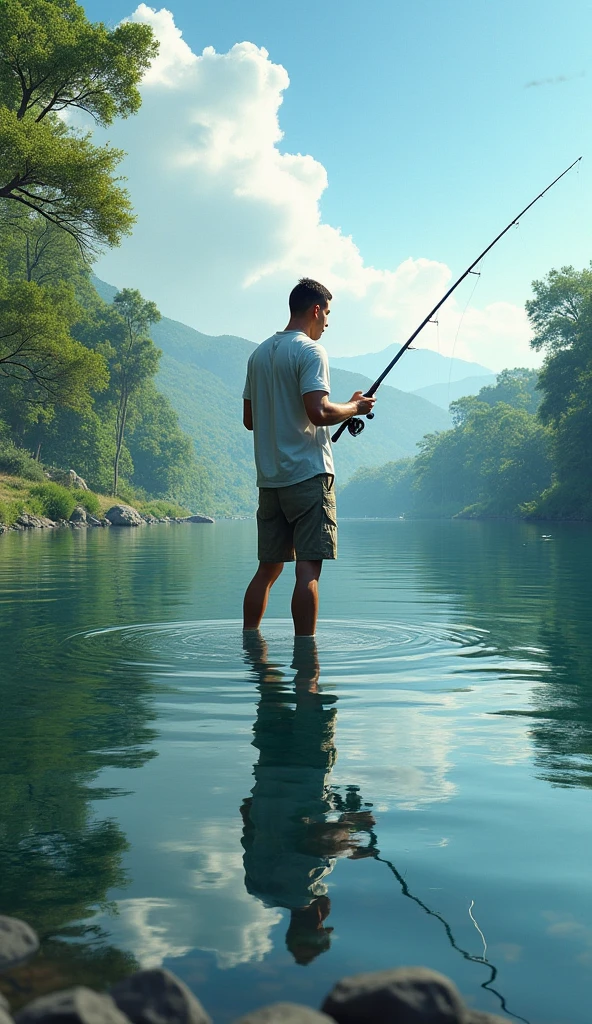 Fisherman clipart without clothes half way in the water,  stands in water and water is to his chest, and fishing. The fisherman stands 90 degree on teh side and non facing  to camera. The water is very clear can see everything. The water is high to his chest. His shoulder is under the water and one fish is coming to his shoulder  under the water.