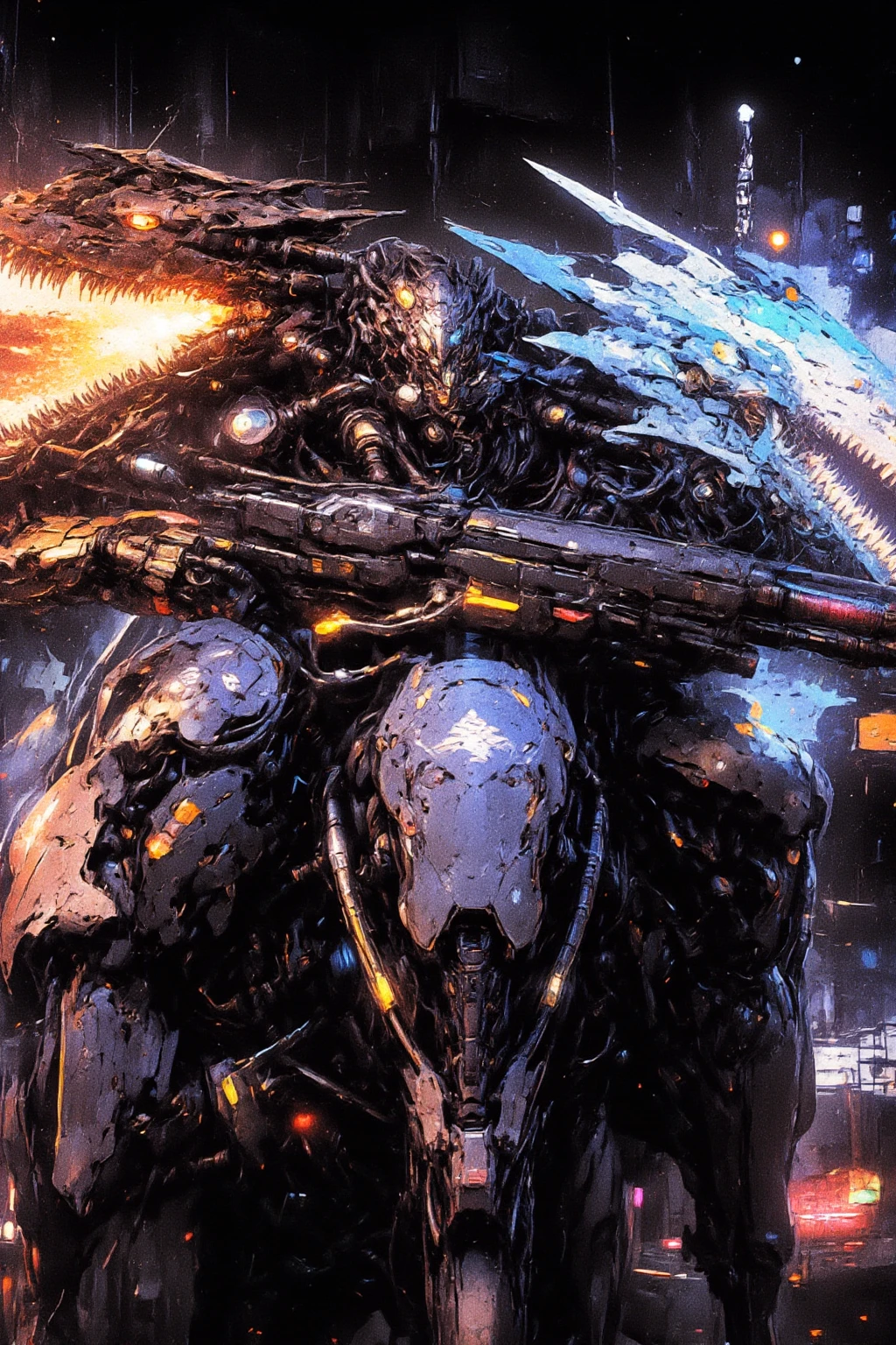 Cybernetic Humanoid with twin dragon-like heads, one head fire, one head ice, sitting on an armored motorcycle grasping a heavy machine gun, in a cyberpunk dystopian background