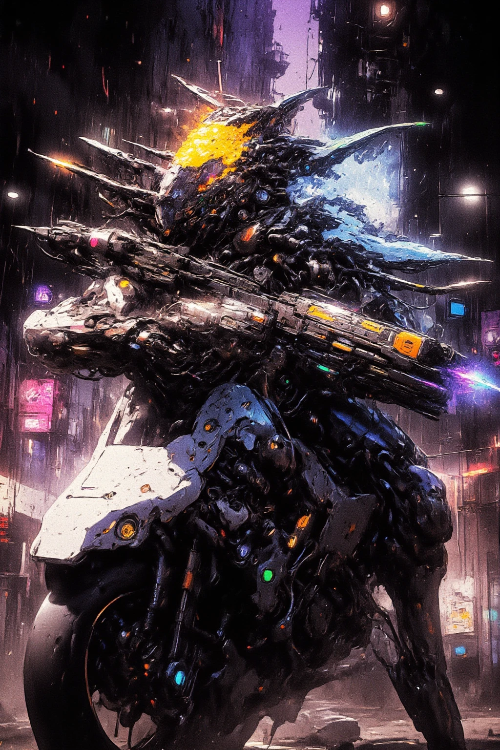 Cybernetic Humanoid with twin dragon-like heads, one head fire, one head ice, sitting on an armored sports motorcycle grasping a heavy machine gun, in a cyberpunk dystopian background