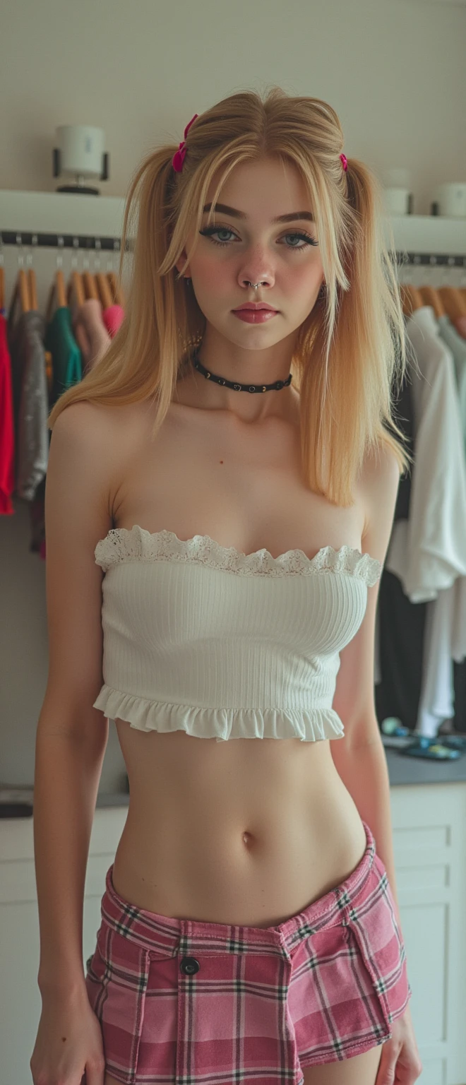A (((full-body))) picture of an ethereally beautiful 1 girl. She has youthful caucasian features and ((very pale white skin)). Her eyes are a striking blue, and she is wearing ((heavy black eye makeup)). She has a very slim body with long thin legs and large round breasts. She is wearing a tight white crop top, a very short black miniskirt, and black boots. She is sitting in a provocative pose that shows off her legs, and her (((whole body from head to toe))) is shown in the photo.