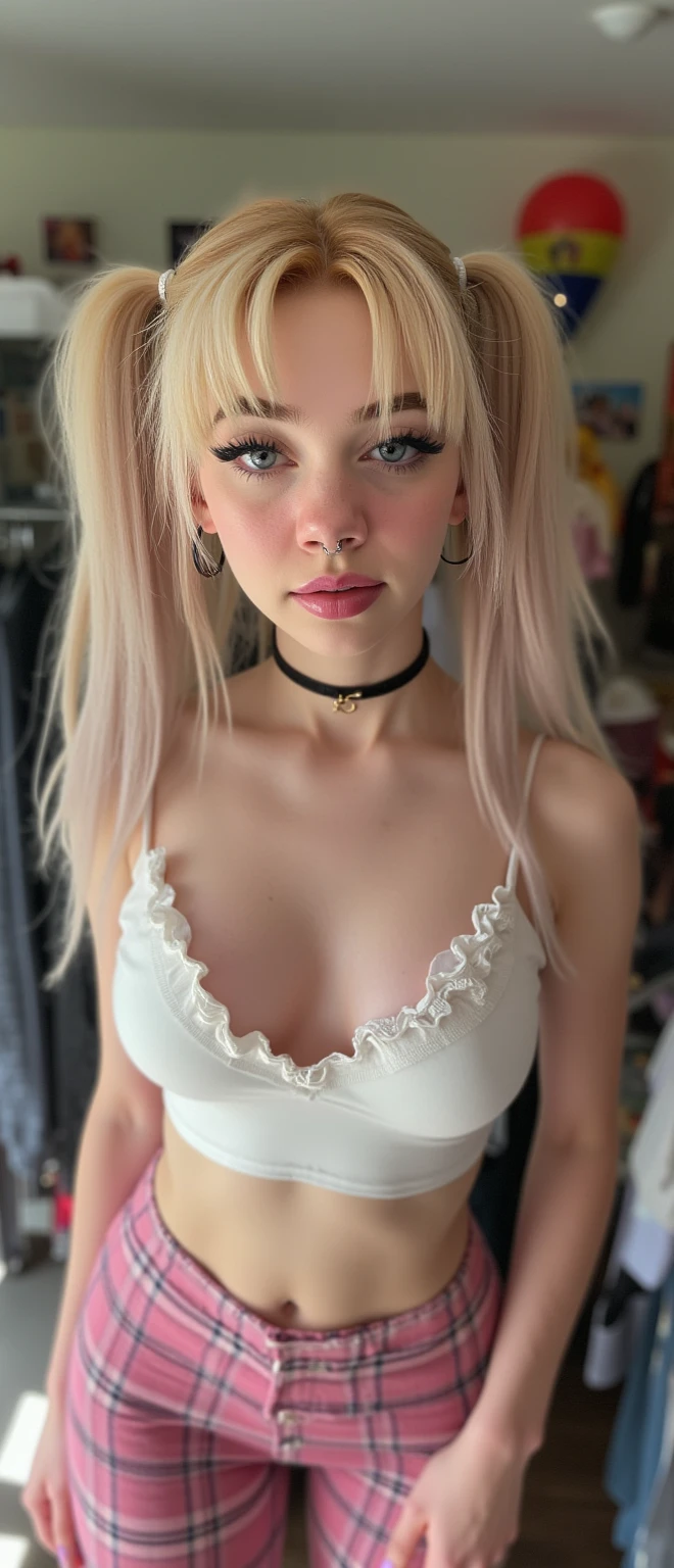 moody lighting, cute girl, (platinum hair), ((drill hair)), perfect face, smug smile, (blue eyes), (naked), (petite), (slender), (tiny breasts), (flat chest), ((18 years old)), skindentation, extreme detail, attractive oval face, pink lips, pink nipples, glossy skin, detailed hair, face focus, close-up chest,