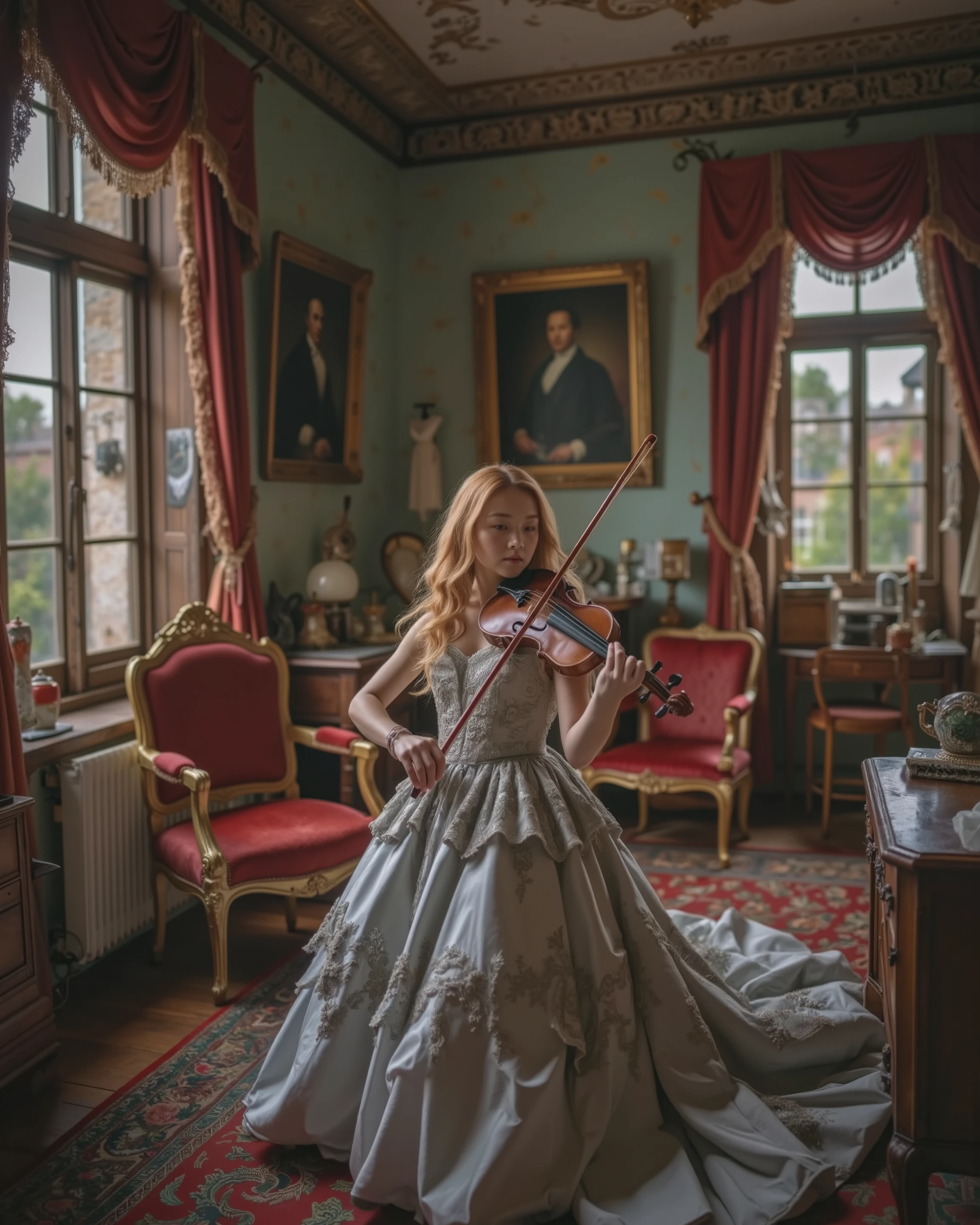A classical portrait of a young woman in an elegant, silver gown adorned with intricate embroidery, playing the violin in a luxurious 19th-century room. Her golden curls cascade gracefully, and her focused expression captures the emotion of her performance. The setting features rich furnishings, including a red velvet chair, a wooden desk, and a large window with natural light filtering in. A framed portrait of a gentleman hangs in the background, adding to the historical ambiance