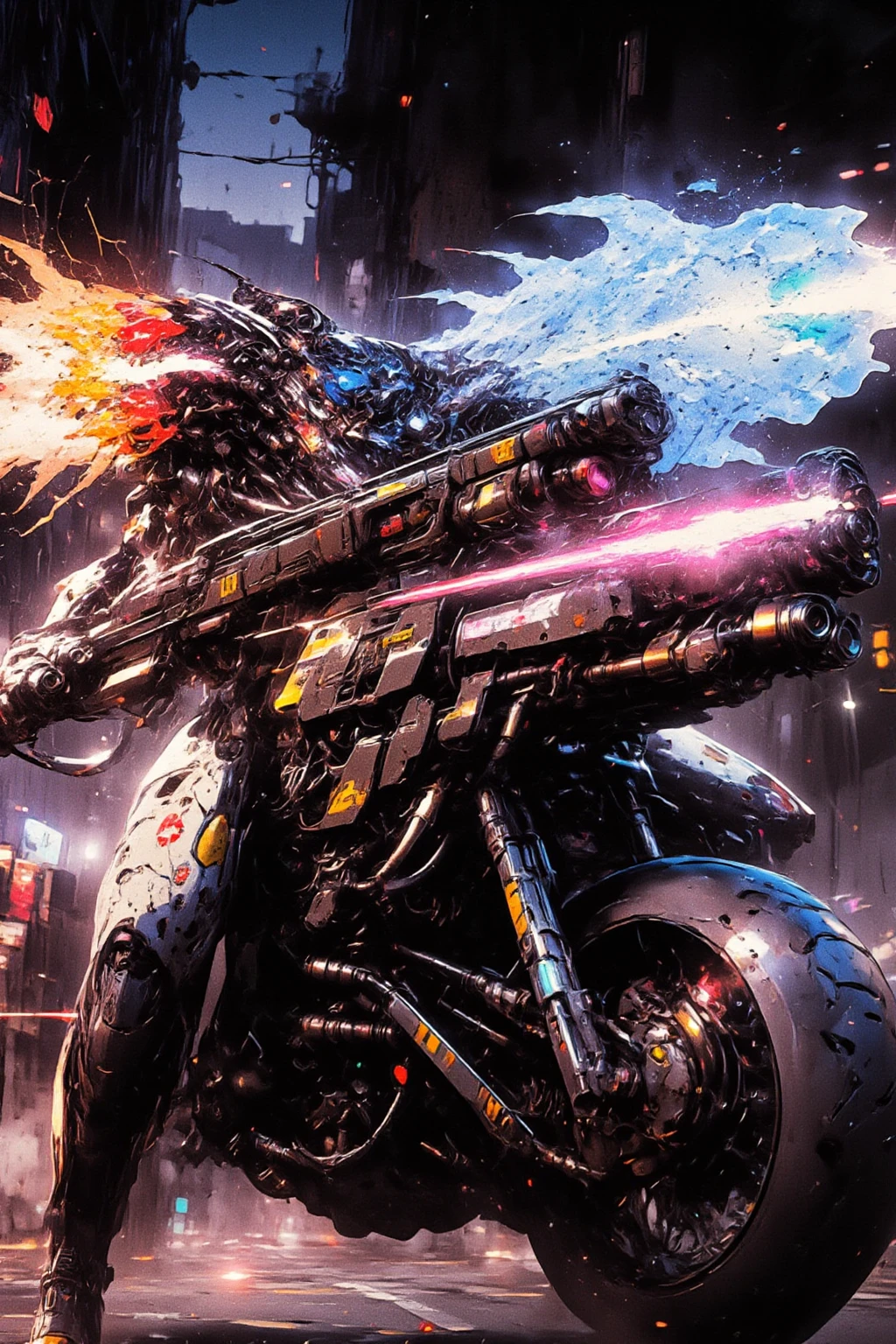 Cybernetic Humanoid with twin dragon-like heads, one head fire, one head ice, sitting on an armored assault motorcycle grasping a heavy machine gun, in a cyberpunk dystopian background