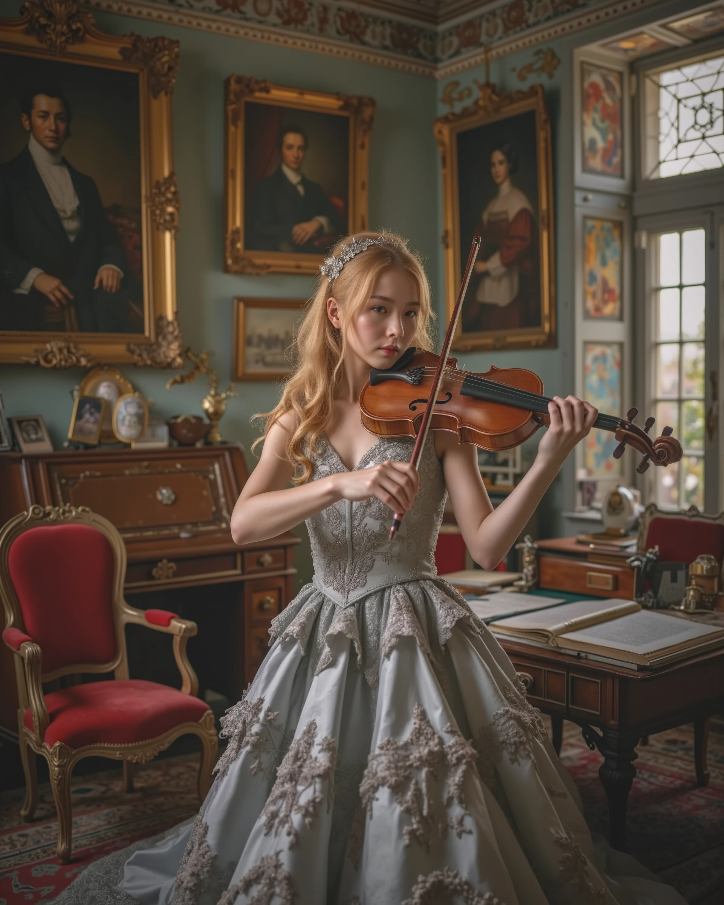 A classical portrait of a young woman in an elegant, silver gown adorned with intricate embroidery, playing the violin in a luxurious 19th-century room. Her golden curls cascade gracefully, and her focused expression captures the emotion of her performance. The setting features rich furnishings, including a red velvet chair, a wooden desk, and a large window with natural light filtering in. A framed portrait of a gentleman hangs in the background, adding to the historical ambiance