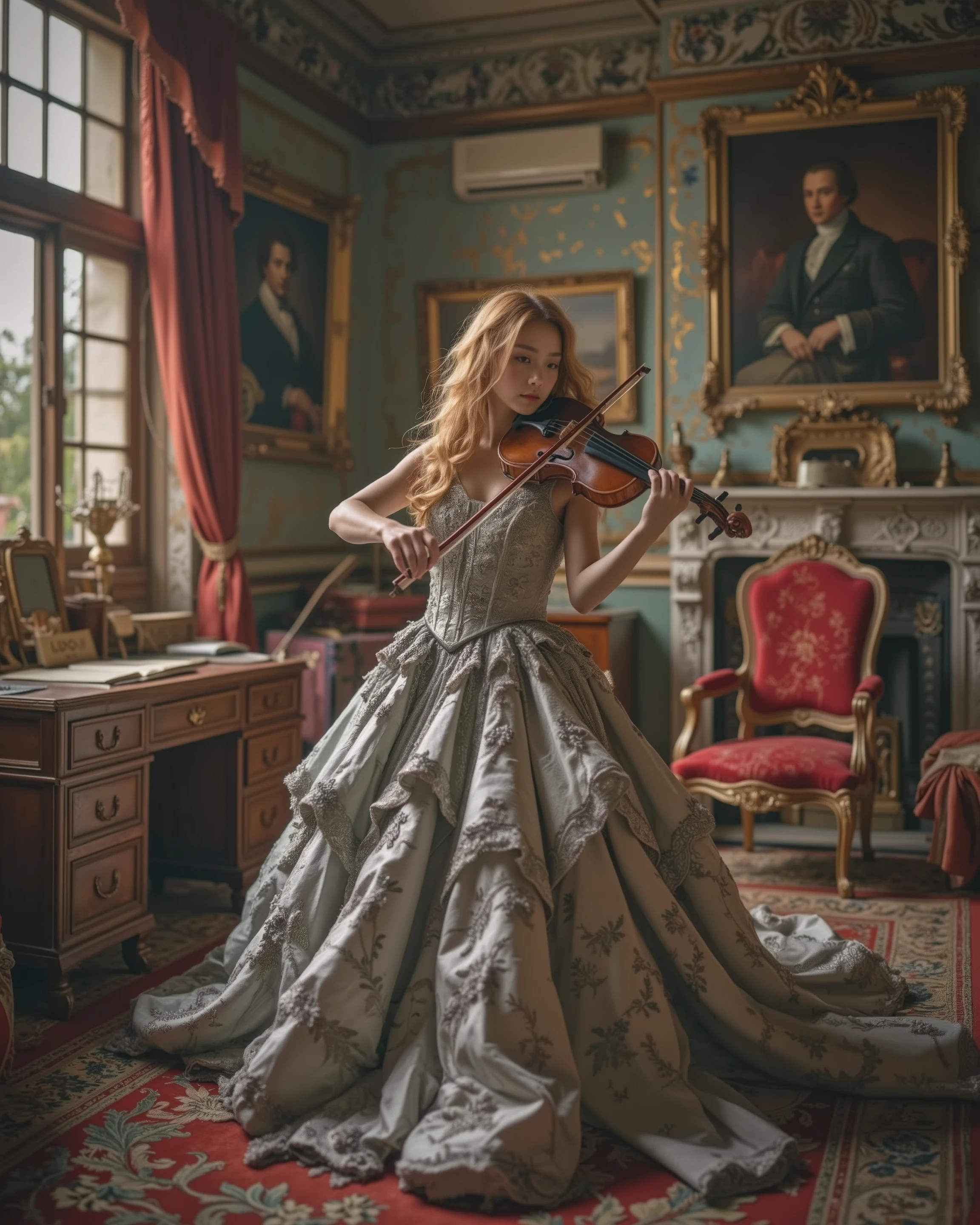 A classical portrait of a young woman in an elegant, silver gown adorned with intricate embroidery, playing the violin in a luxurious 19th-century room. Her golden curls cascade gracefully, and her focused expression captures the emotion of her performance. The setting features rich furnishings, including a red velvet chair, a wooden desk, and a large window with natural light filtering in. A framed portrait of a gentleman hangs in the background, adding to the historical ambiance
