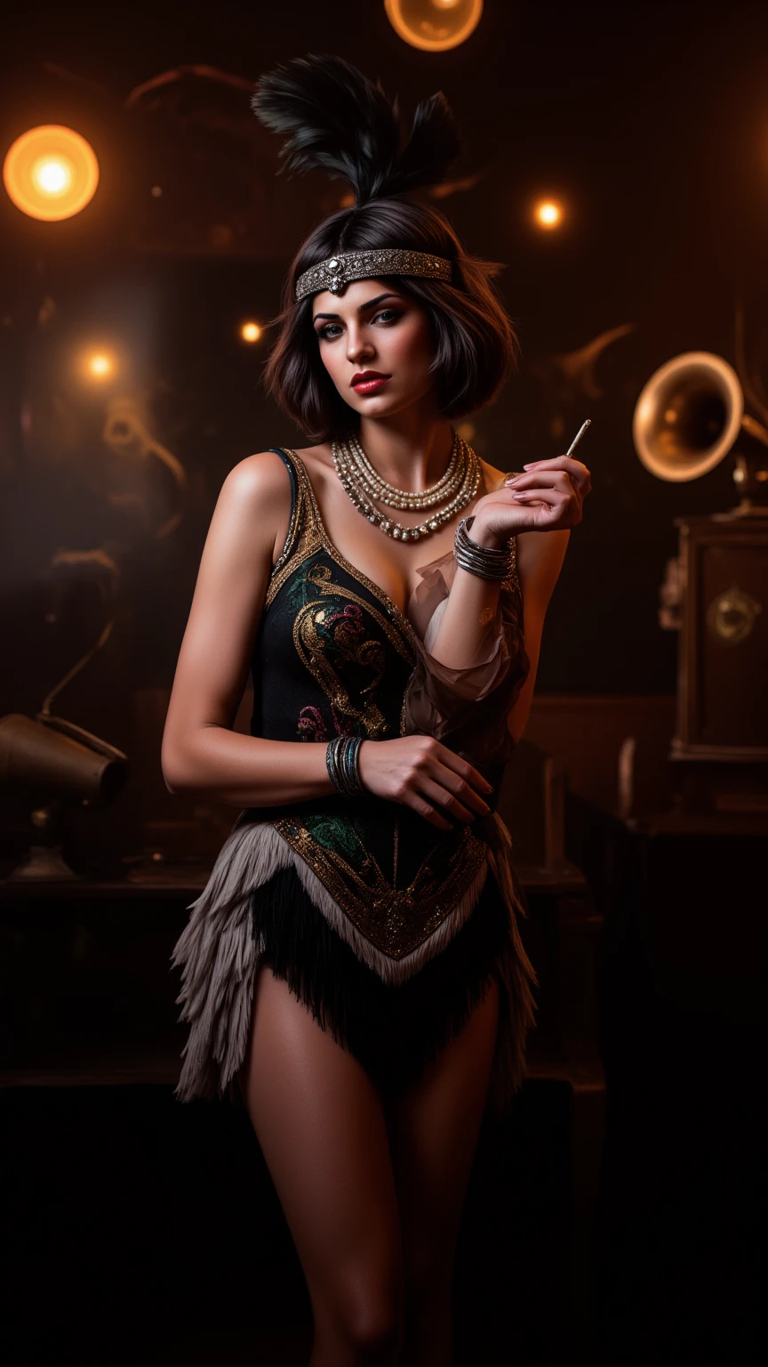 Imagine a captivating speakeasy, enveloped in a soft, smoky haze, where the air is alive with the gentle notes of jazz music. The atmosphere is enchanting, bathed in dim light that dances across the room, creating an aura of mystery and allure.

In the center of this magical scene stands a young woman embodying the spirit of the roaring twenties. She wears a modest yet elegant 1920s-inspired dress, featuring a classic drop-waist silhouette adorned with layers of shimmering fringes in deep jewel tones like emerald and sapphire. Intricate beadwork weaves swirling art deco patterns across the fabric, exuding an air of sophistication.

A sheer, delicate shawl drapes lightly over her shoulders, adding a touch of grace. Her hair is styled in a sleek bob, beautifully complemented by a bejeweled headband embellished with feathers and sparkling gems that capture the light. Her makeup is bold and dramatic, with smoky eyes and deep red lips, reflecting the rebellious yet refined essence of flapper style.

Accessorizing her look, she wears long pearl necklaces and multiple bangle bracelets, along with a classic cigarette holder that adds layers of elegance and defiance. The backdrop is rich with period-appropriate props, such as a vintage gramophone and art deco motifs, enriching the scene with historical charm.

The overall composition radiates nostalgia and opulence, perfectly capturing the essence of the 1920s fashion revolution in a dreamy, fantastical setting. The model poses dynamically, her adorable face framed by iridescent eyes, showcasing her hourglass figure and exuding both charm and confidence. The lighting is perfect, creating a boudoir-like ambiance that enhances the allure of this captivating moment.
