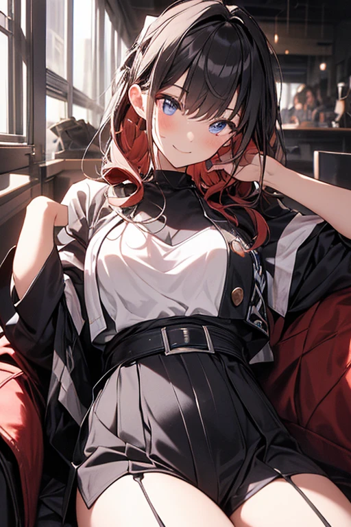 top-quality、Top image quality、masterpiece、girl with((18year old、Best Bust、Medium bust、Bust 85,Beautiful blue eyes、Breasts wide open,Black V-shaped T-Shirt、Red cardigan with short sleeves、Black short skirt、Ponytail with black hair、sitting in the seat、read a book、serious facial expression)hiquality、Beautiful Art、Background with((On the train)),masutepiece、Elaborate design、visualart、depth of fields、The best lighting、highestdetailed、