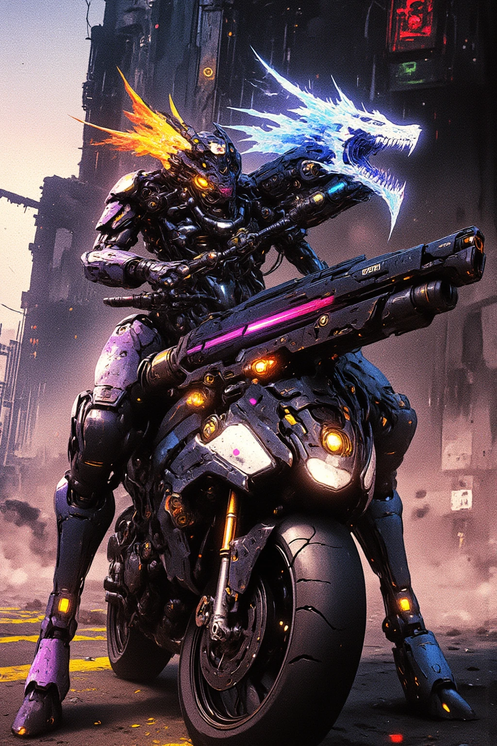 Cybernetic Humanoid with twin dragon-like heads, one head fire, one head ice, sitting on an armored sports motorcycle grasping a heavy machine gun, in a cyberpunk dystopian background