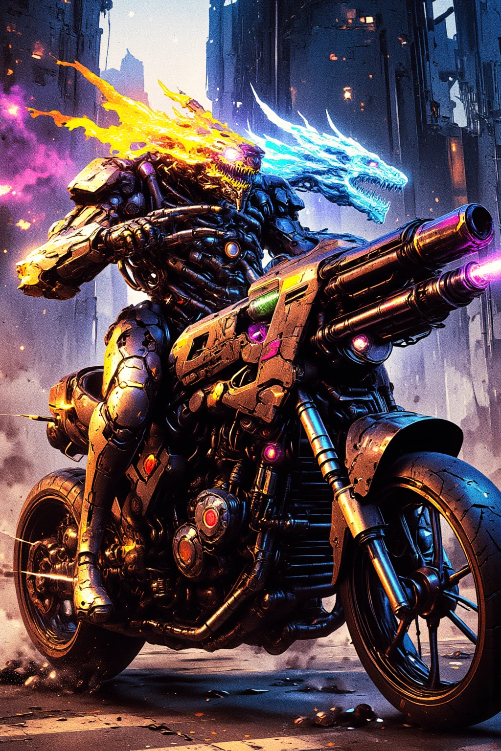 Cybernetic Humanoid with twin dragon-like heads, one head fire, one head ice, sitting on an armored assault motorcycle grasping a heavy machine gun, in a cyberpunk dystopian background