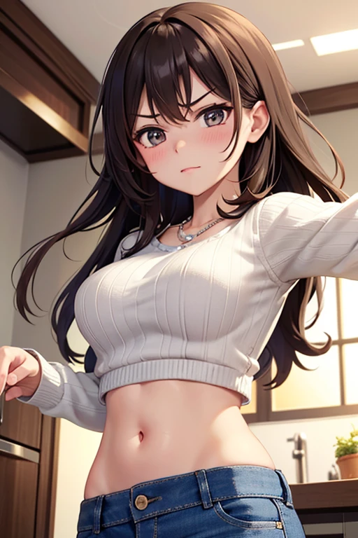 super fine illustration, vibrant colors, masterpiece, sharp focus, best quality, depth of field, cinematic lighting, ultra detailed, collarbone, plain t shirt, long sleeves, MILF, 1 woman, solo, midriff, tummy, belly button, large navel, kitchen, ceiling, close up, looking down, medium breasts, long hair, skirt, pearl necklace, makeup, dark brown hair, blushing, angry, from below.