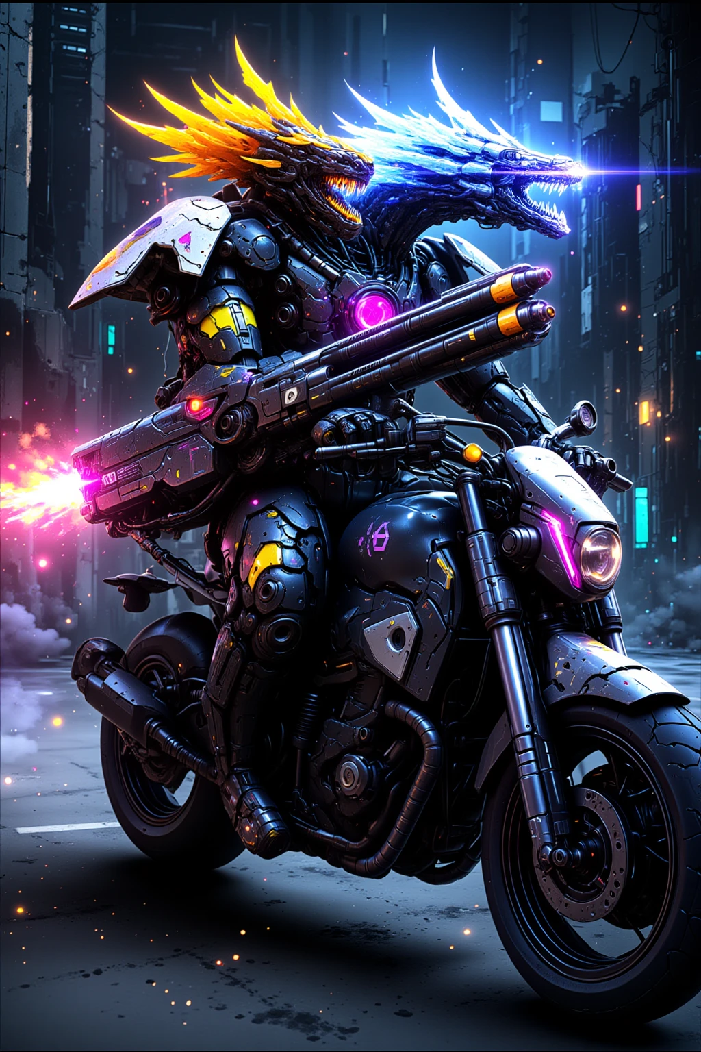 Cybernetic Humanoid with twin dragon-like heads, one head fire, one head ice, sitting on an armored motorcycle grasping a heavy machine gun, in a cyberpunk dystopian background