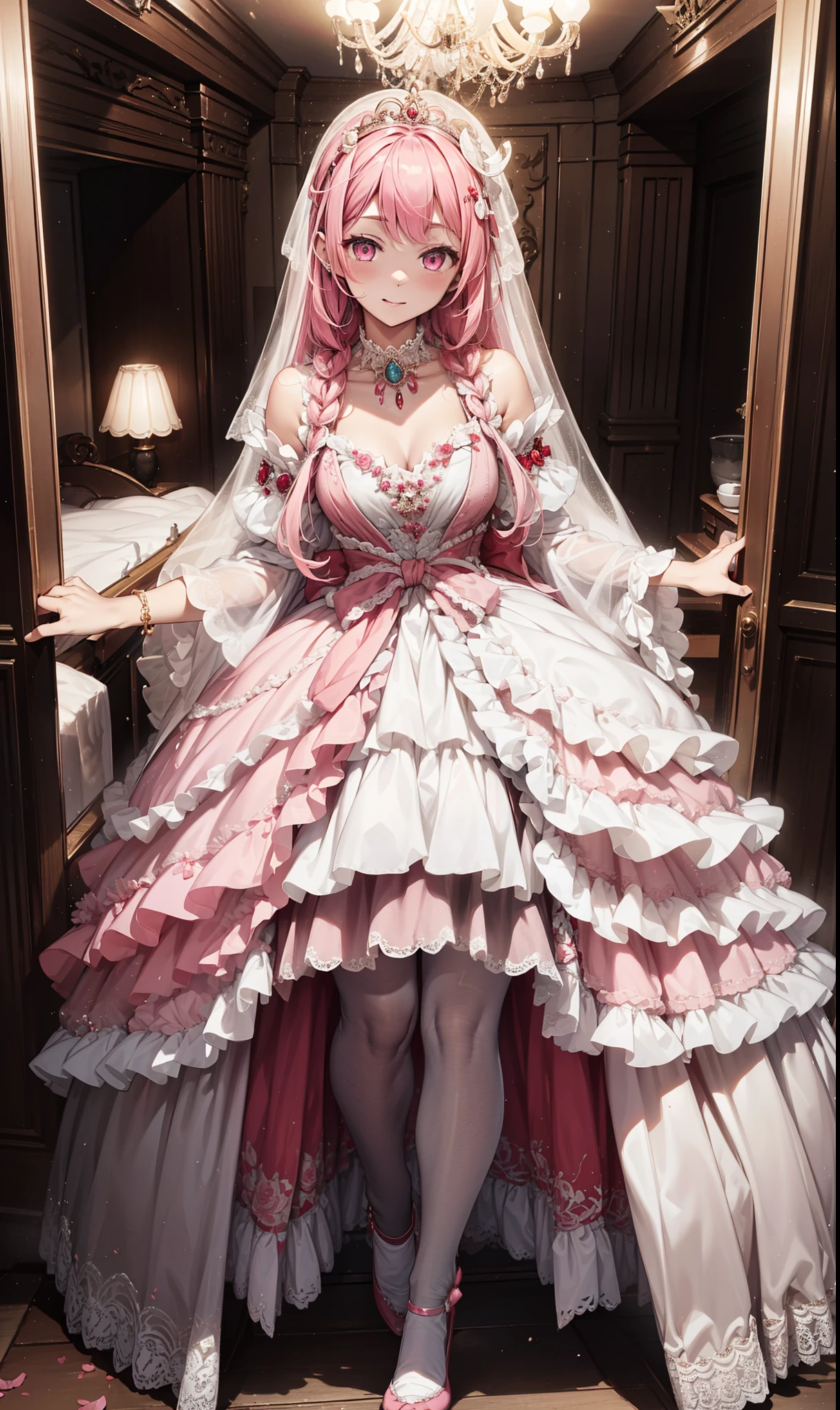 ( best quality,4K,8K, High Resolution , masterpiece:1.2), extremely detailed, pretty girl ,Queen, magic ,enchanting,joy,Holy, magic al effect, pink hair , pink eyes,Pink and white princess dress ,bridal crown ,Gold Dress, Exquisite clothing,Layered Skirt,Delicate lace,Delicate ruffles,bedroom, unique ,At night, lace pantyhose ,神圣条纹,Transparent clothing, Jewelry Decoration
