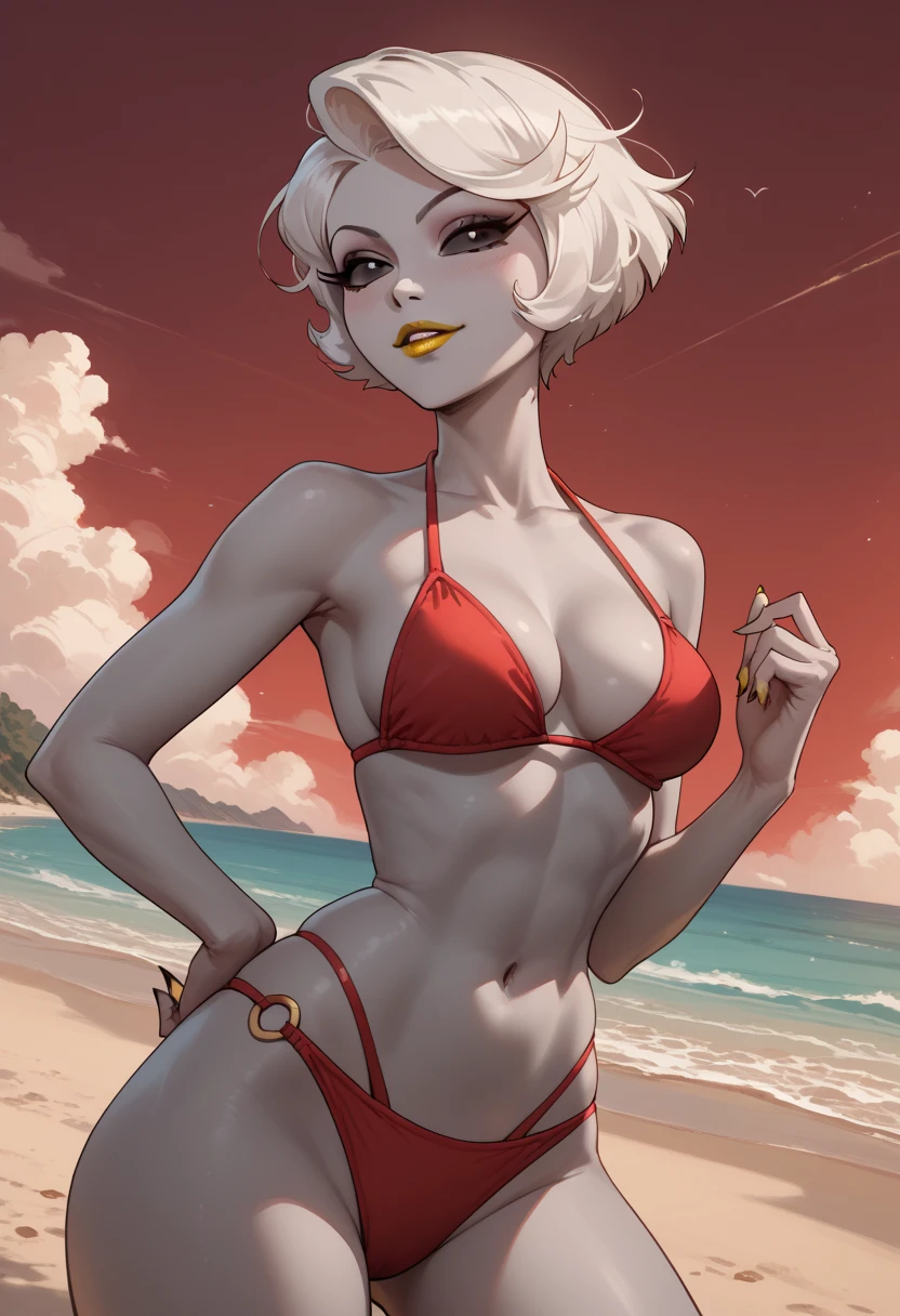 Angle: A close-up view of a hornet on a beach.
Material: The artwork is a highly detailed illustration with realistic depth and textures.
Additional Details: The hornet's red bikini stands out in the bright environment, adding a vibrant splash of color. The anthro hornet has a curvy figure, standing upright in a confident pose. Her face shows a subtle blush, adding a touch of allure to her expression. Thick thighs and large breasts enhance her attractive features.
Image Quality: The artwork is of the best quality, with ultra-detailed elements that capture every intricate detail. The bright and sunny lighting further enhances the realistic atmosphere.
Art Style: The artwork is executed in a bright and sunny style, incorporating realistic details to bring the scene to life.
Color Palette: The color palette is dominated by deep, rich tones, with an emphasis on dark shades to create a summer ambiance.
Lighting: The lighting is bright and fun, with subtle highlights and shadows that enhance the atmosphere of the beach.