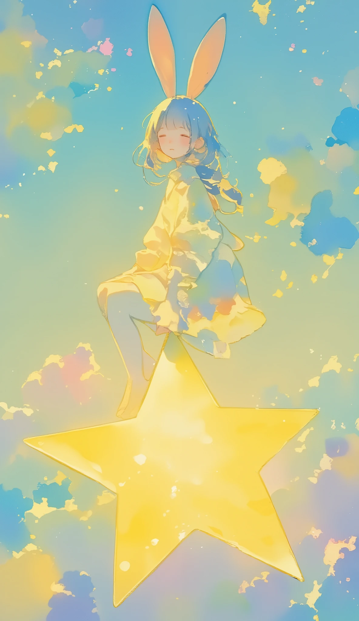 best quality :1.2、Masterpiece:1.2、Dream World、(((A Girl Who Rides on a Star:1.5、 rabbit girl 、Little Star :1.7、 It lives on 、 and can also be used as a LINE icon )))、 COMPLETE ANATOMY 、 It lives on 、 and can also be used as a LINE icon 、 picture book illustration 、 amazing、 watercolor、 pastel colors、Light color