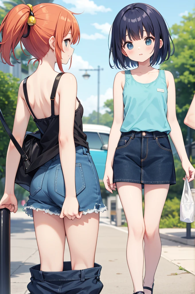 Obra de arte,  top quality, A woman, Ruka Sarashina, de Rent-a-Girlfriend,  white shirt, blue short shorts,  bare legs, with sandals, pies with sandals,  walking down the street , the flag