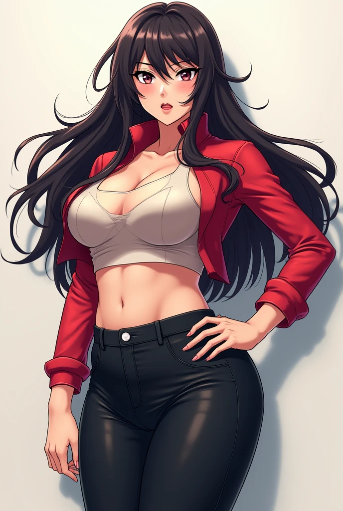 strong anime girl a girl with big bra and long hair and regular black pants fit