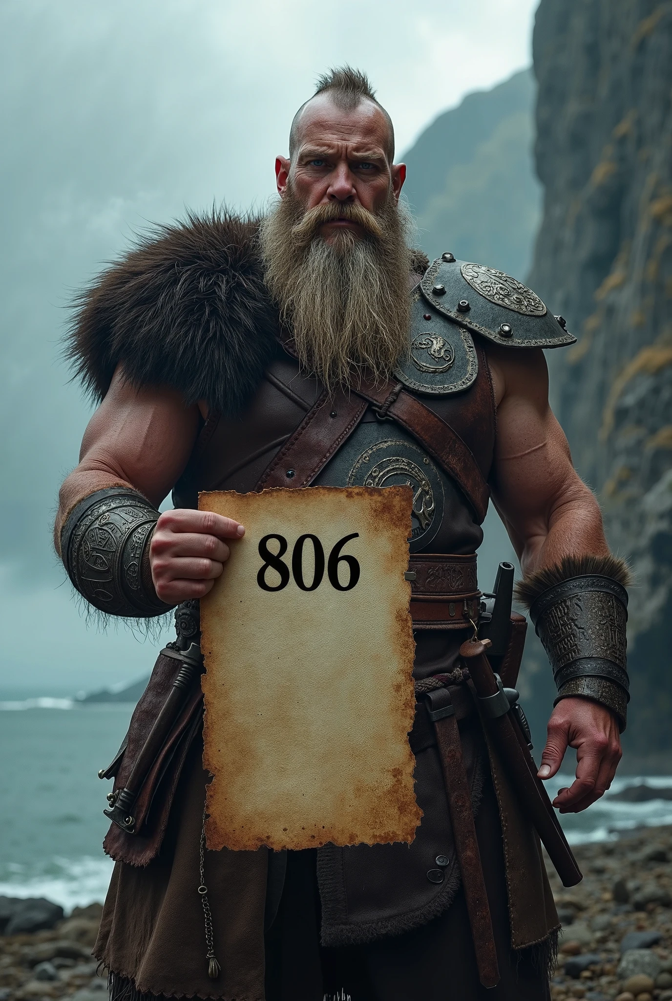 Olld man warrior with a cloak over his head a long beard and the word RAW tattooed on stomach above his belly button and the word LIFE tattooed on stomach below his belly button and holding a boom box on hia shoulder
