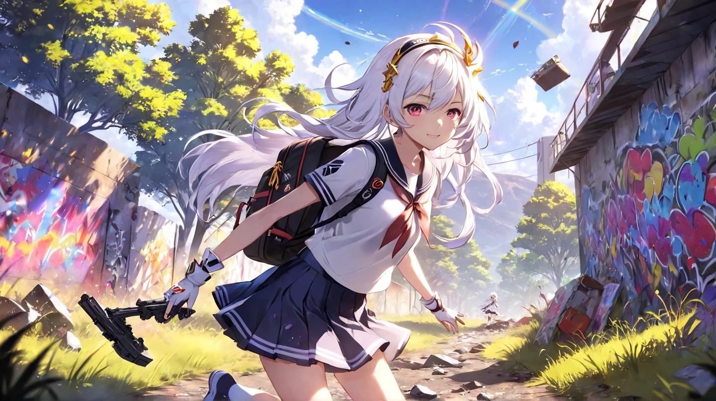 solo, 1girl, anime, anime keyvisual, kiana kaslana (honkai impact 3rd), long white hair, cute hairband, white and gold sailor uniform, black short skirts, shoes and socks, backpacks, look at viewer, carrying pistols, happy, apocalyptic montana, vibrant trees, vibrant grasslands, scattered destroyed objects with vibrant colors, wall with graffiti, rainbow, light sparkle, cinematic angle, (very aesthetic), ((masterpiece)), best quality​