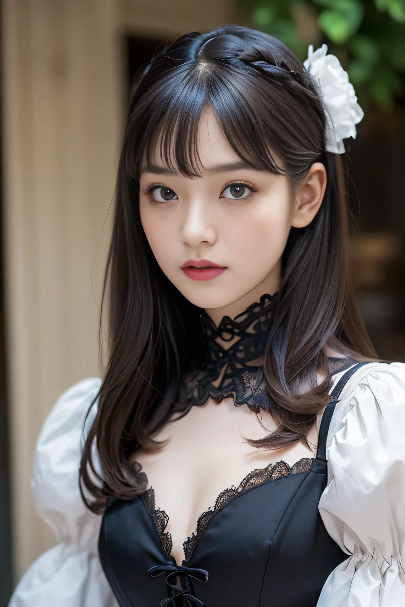 (Raw foto:1.2), ​masterpiece, in 8K, hight resolution, (Photorealsitic:1.4), hyperrealistic girl, extremely detailed eye and face, beatiful detailed eyes, Realistic face, hight resolution, ighly detailed, top-quality, ​masterpiece,  ighly detailed,, magnifica, mansion, top-quality, Light on the Face, 电影灯光, silber hair, 20 years girl, (Smile:0.5), thighs thighs thighs thighs, Head dress, (maid clothes), a black ribbon, White Apron, puff sleeves, collars, a choker, Apron with detailed ruffles, Black Maid Costume, side-tie panty,